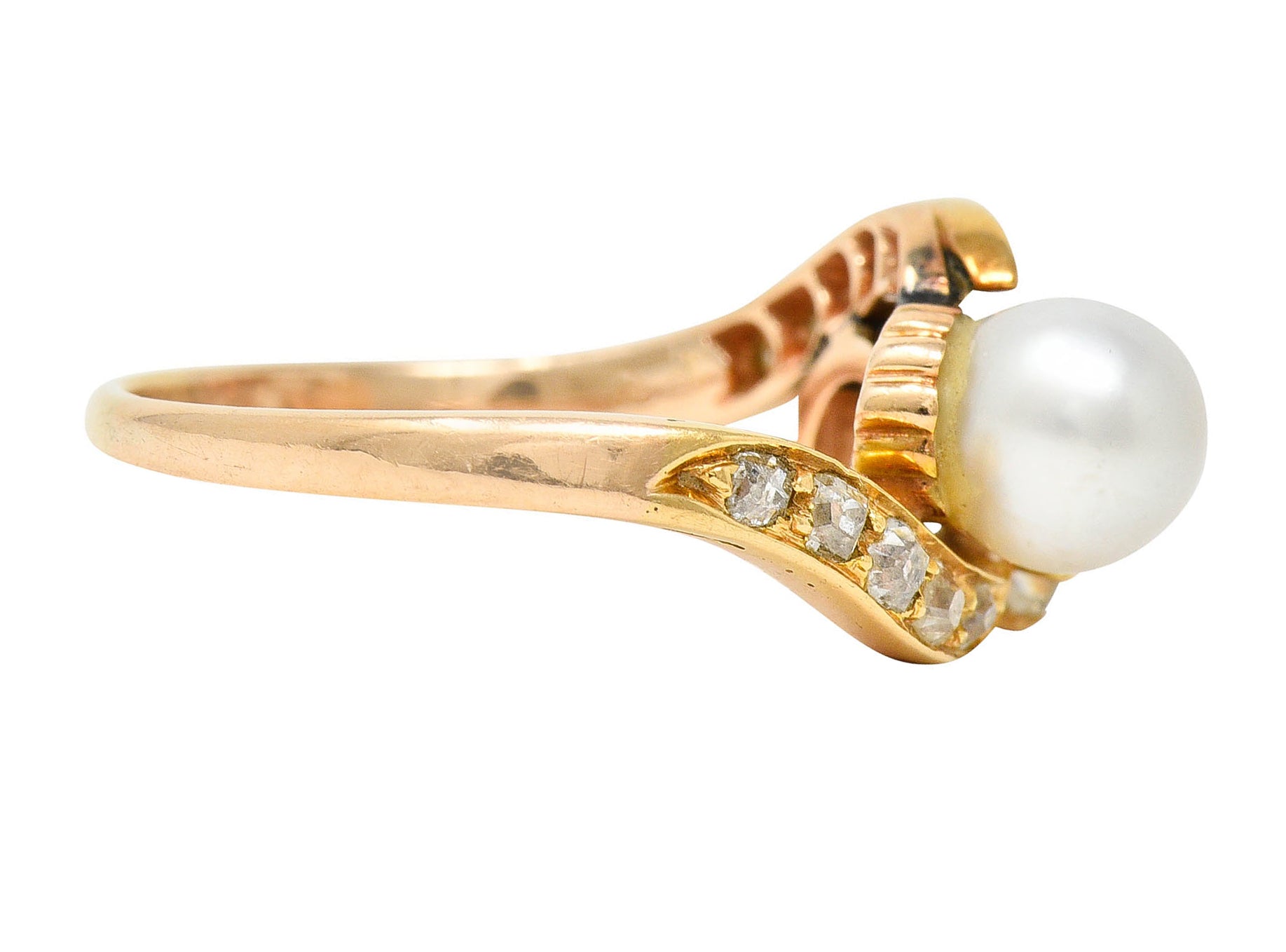 Victorian Pearl 0.88 CTW Diamond 14 Karat Gold Toi Et Moi Bypass RingRing - Wilson's Estate Jewelry