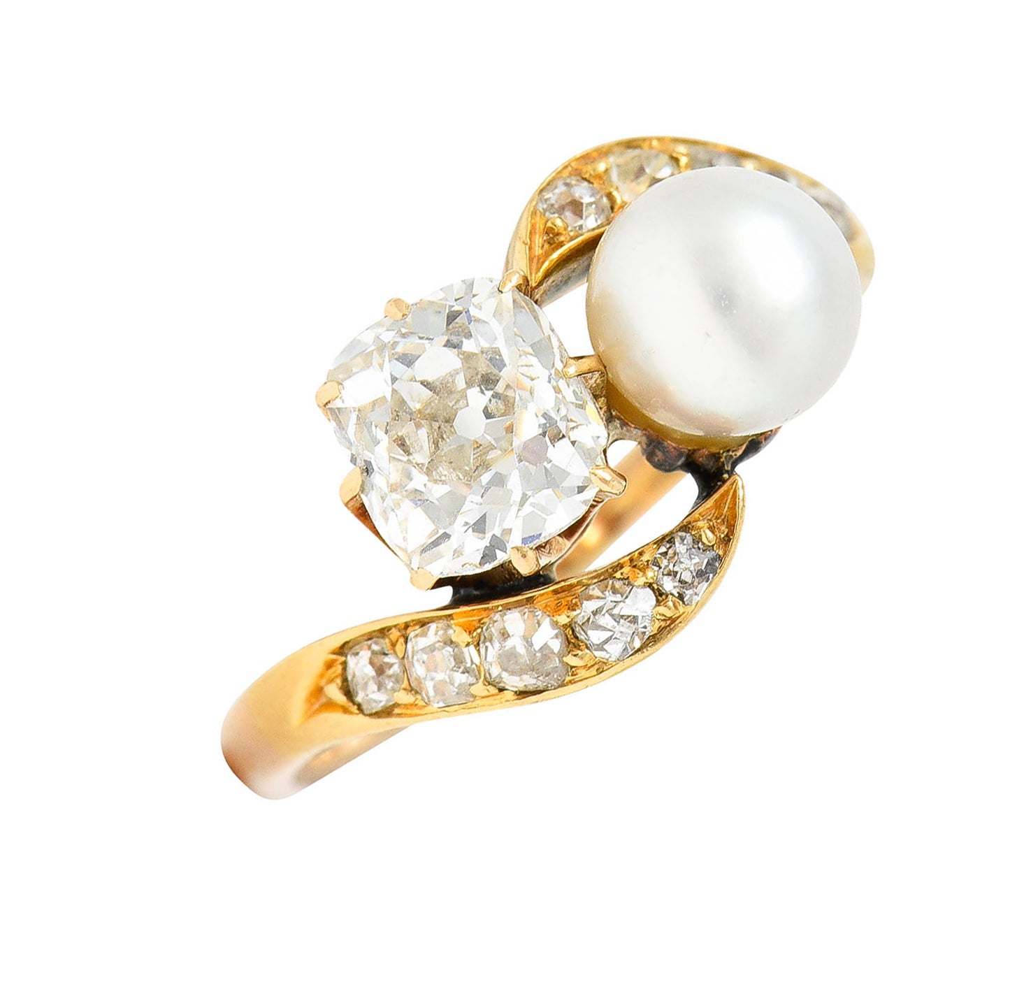 Victorian Pearl 0.88 CTW Diamond 14 Karat Gold Toi Et Moi Bypass RingRing - Wilson's Estate Jewelry