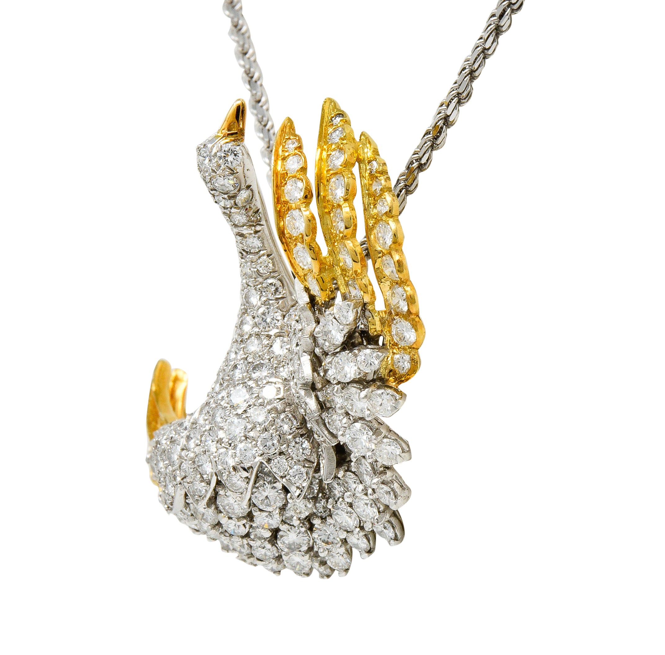 1970's Vintage 8.50 CTW Diamond Platinum 18 Karat Gold Swan Pendant NecklaceNecklace - Wilson's Estate Jewelry