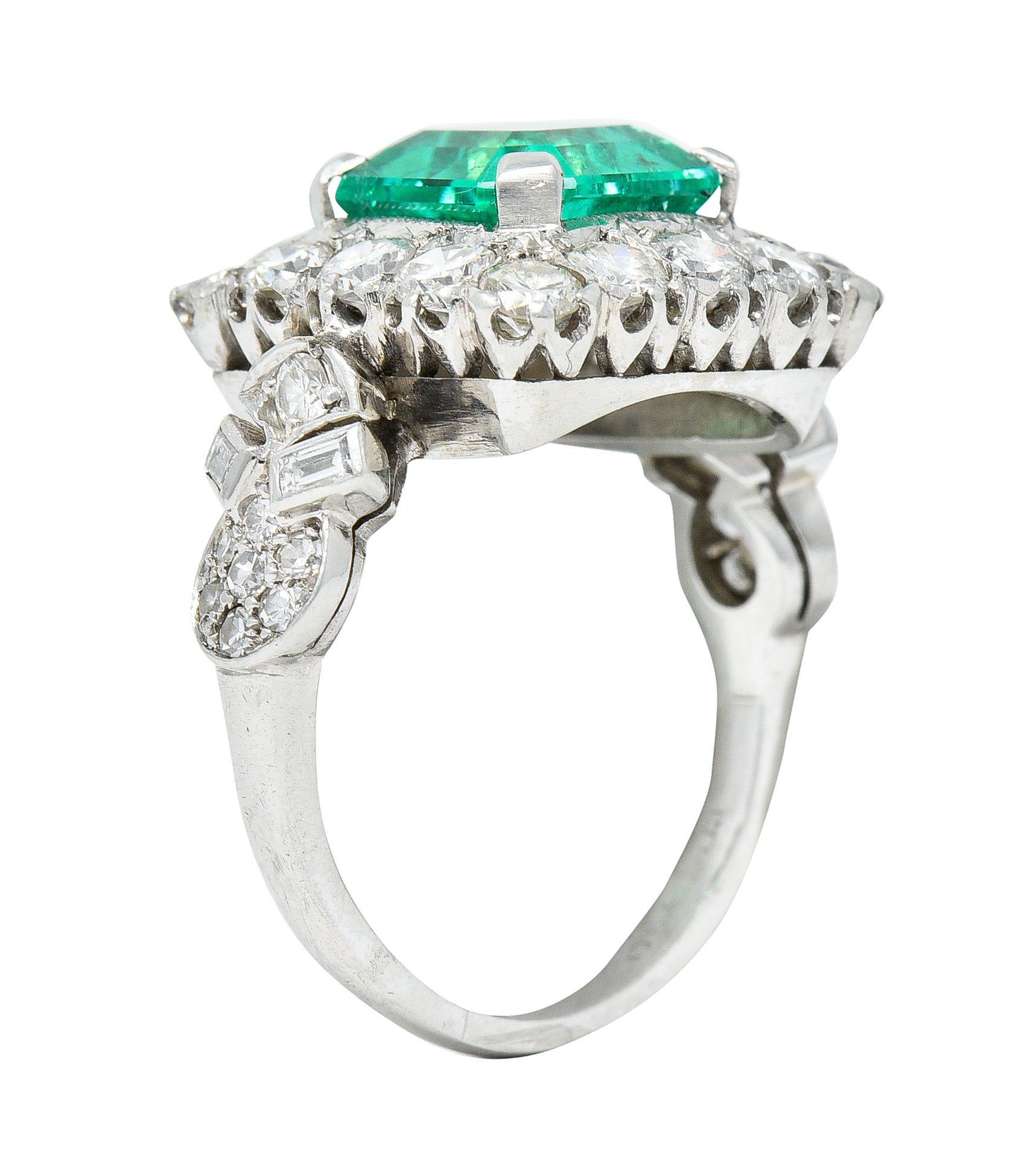 Mid-Century 5.73 CTW  Colombian Emerald Transitional Cut Diamond Platinum Vintage Halo Ring GIA Wilson's Estate Jewelry