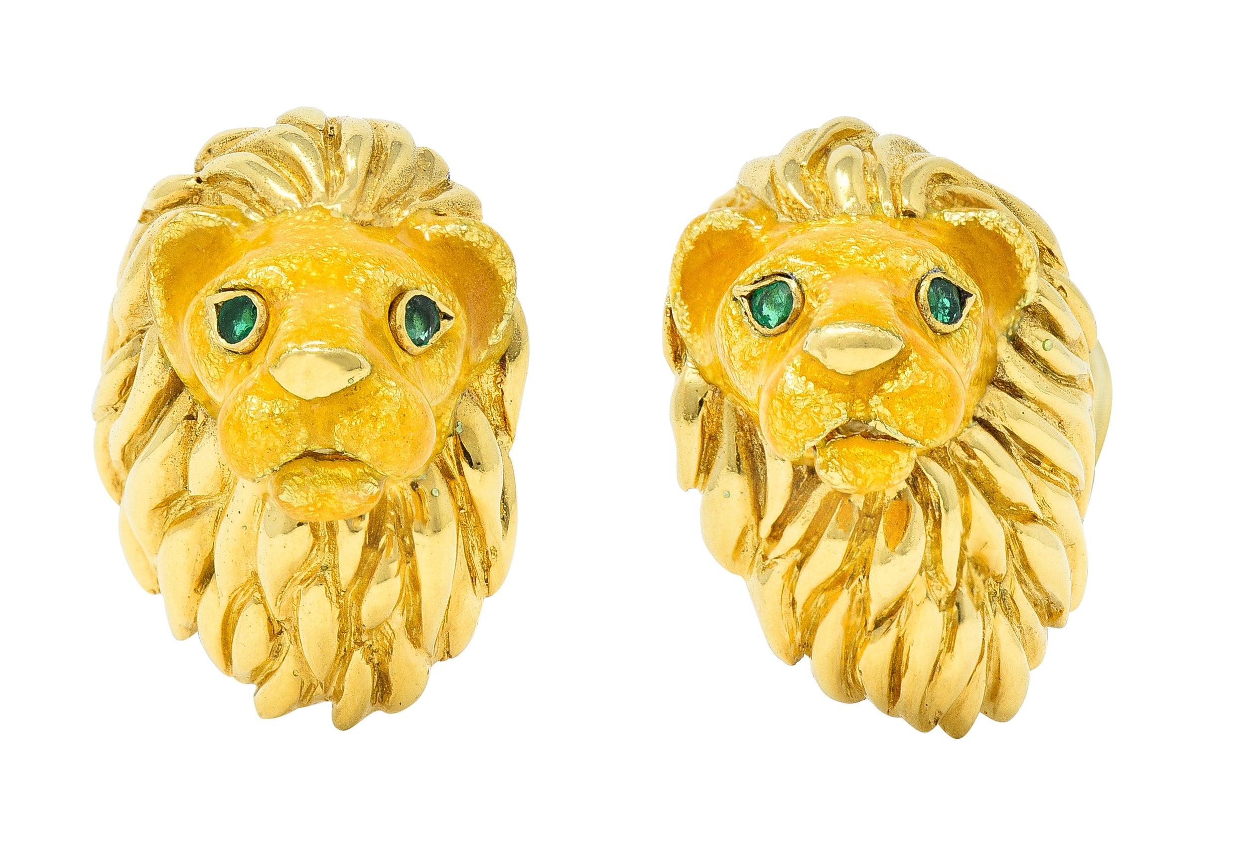 Tiffany & Co. Emerald Enamel 18 Karat Yellow Gold Lion Head Vintage Men's Cufflink Dress Set Wilson's Estate Jewelry