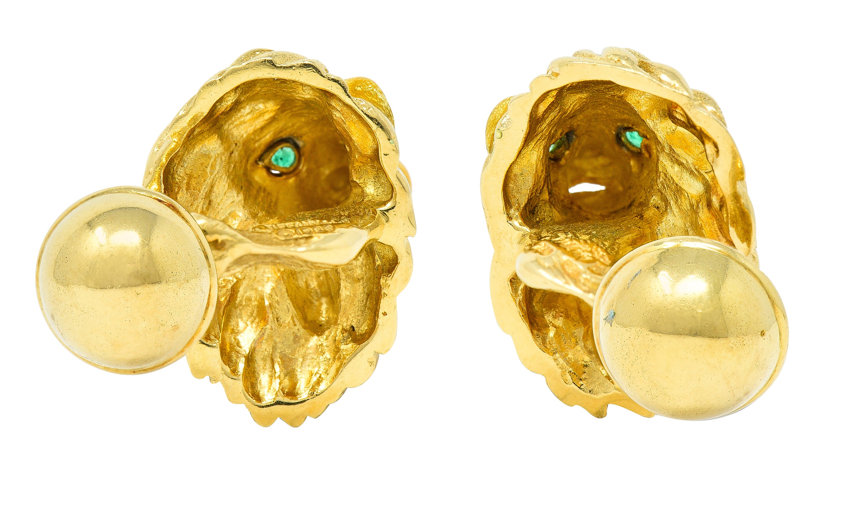 Tiffany & Co. Emerald Enamel 18 Karat Yellow Gold Lion Head Vintage Men's Cufflink Dress Set Wilson's Estate Jewelry