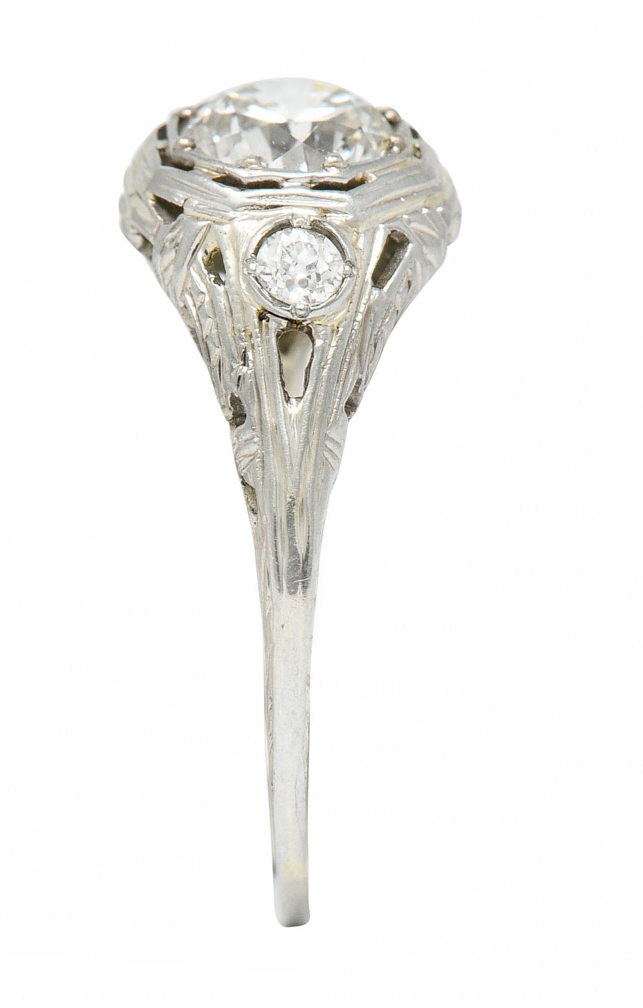 Late Edwardian Diamond 14 Karat White Gold Octagonal Bow Engagement Ring GIARing - Wilson's Estate Jewelry