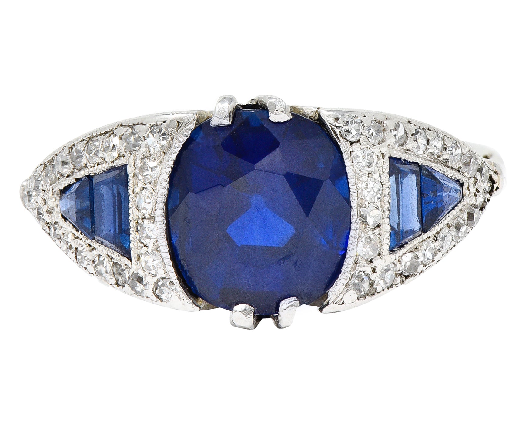 Art Deco 3.33 CTW No Heat Burma Sapphire Diamond 18 Karat White Gold Ring AGLRing - Wilson's Estate Jewelry