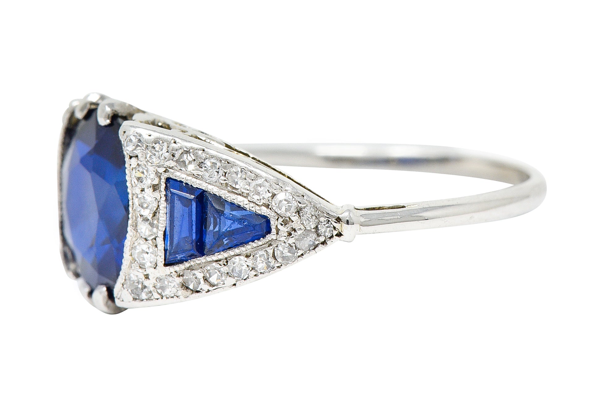 Art Deco 3.33 CTW No Heat Burma Sapphire Diamond 18 Karat White Gold Ring AGLRing - Wilson's Estate Jewelry