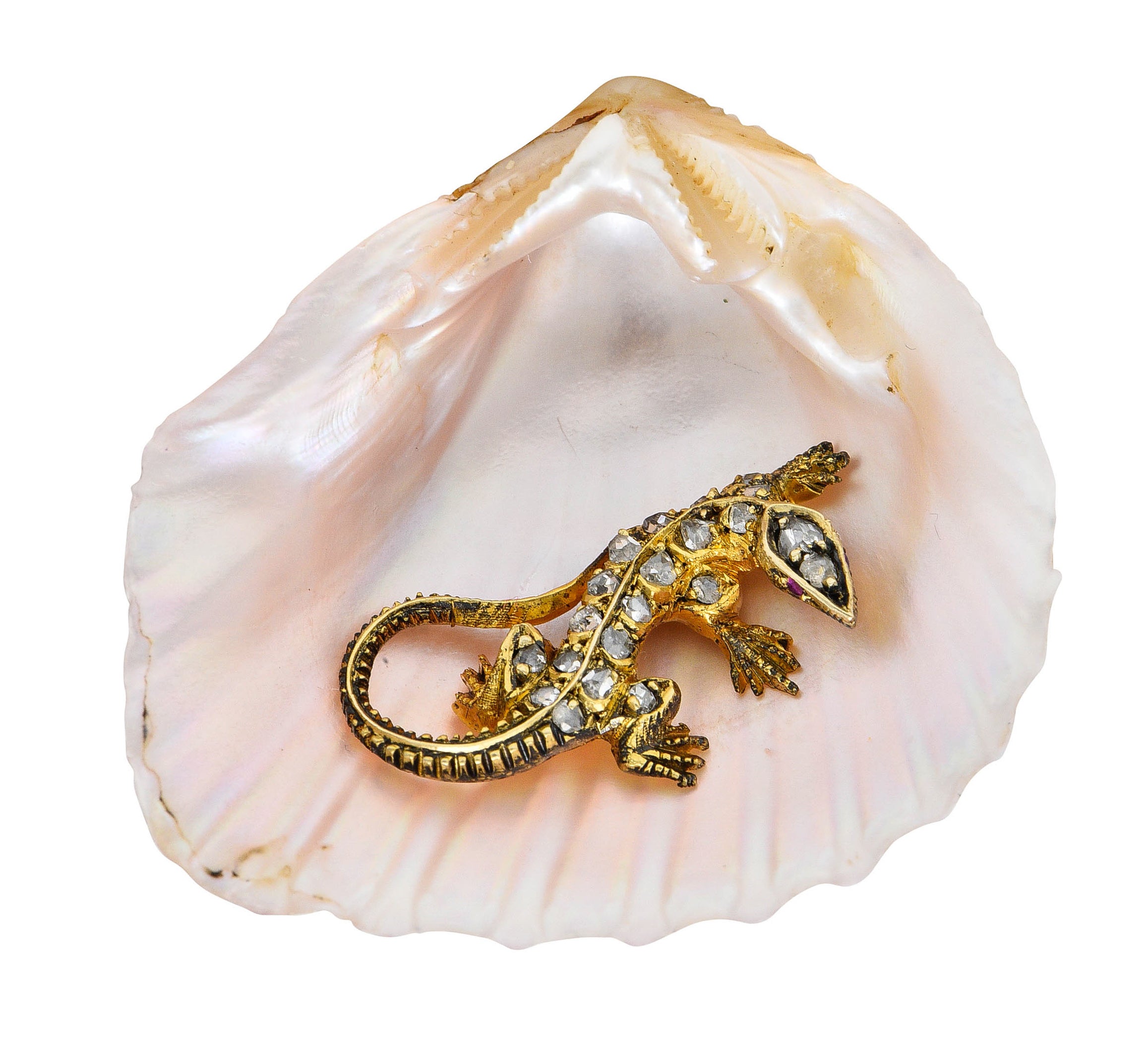 French Victorian Shell Rose Cut Diamond 18 Karat Gold Lizard BroochBrooch - Wilson's Estate Jewelry