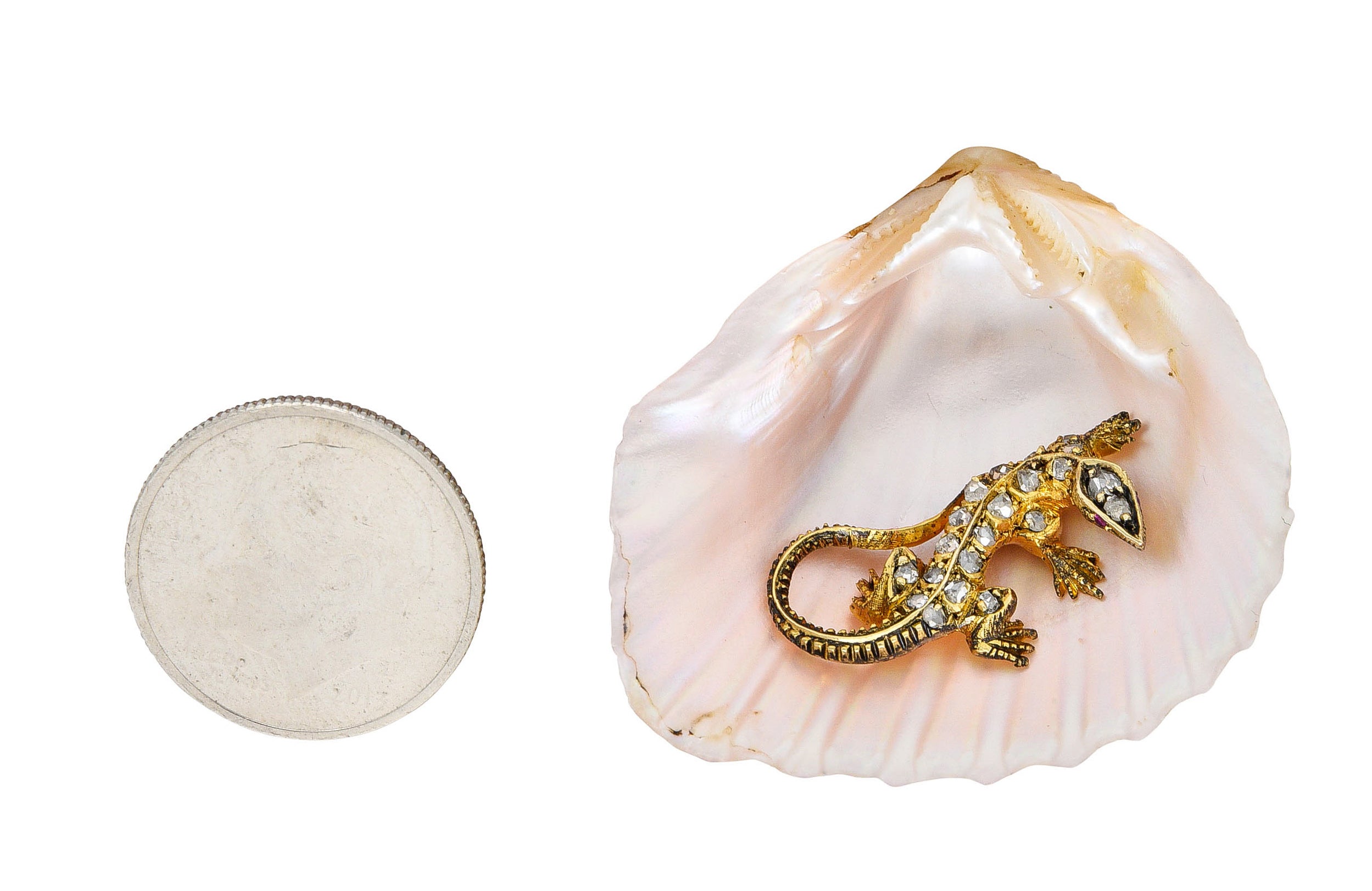 French Victorian Shell Rose Cut Diamond 18 Karat Gold Lizard BroochBrooch - Wilson's Estate Jewelry