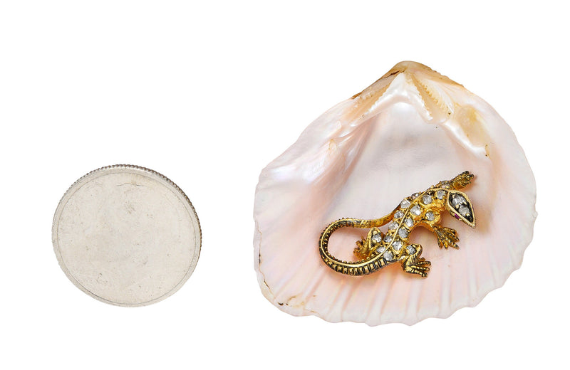 French Victorian Shell Rose Cut Diamond 18 Karat Gold Lizard BroochBrooch - Wilson's Estate Jewelry