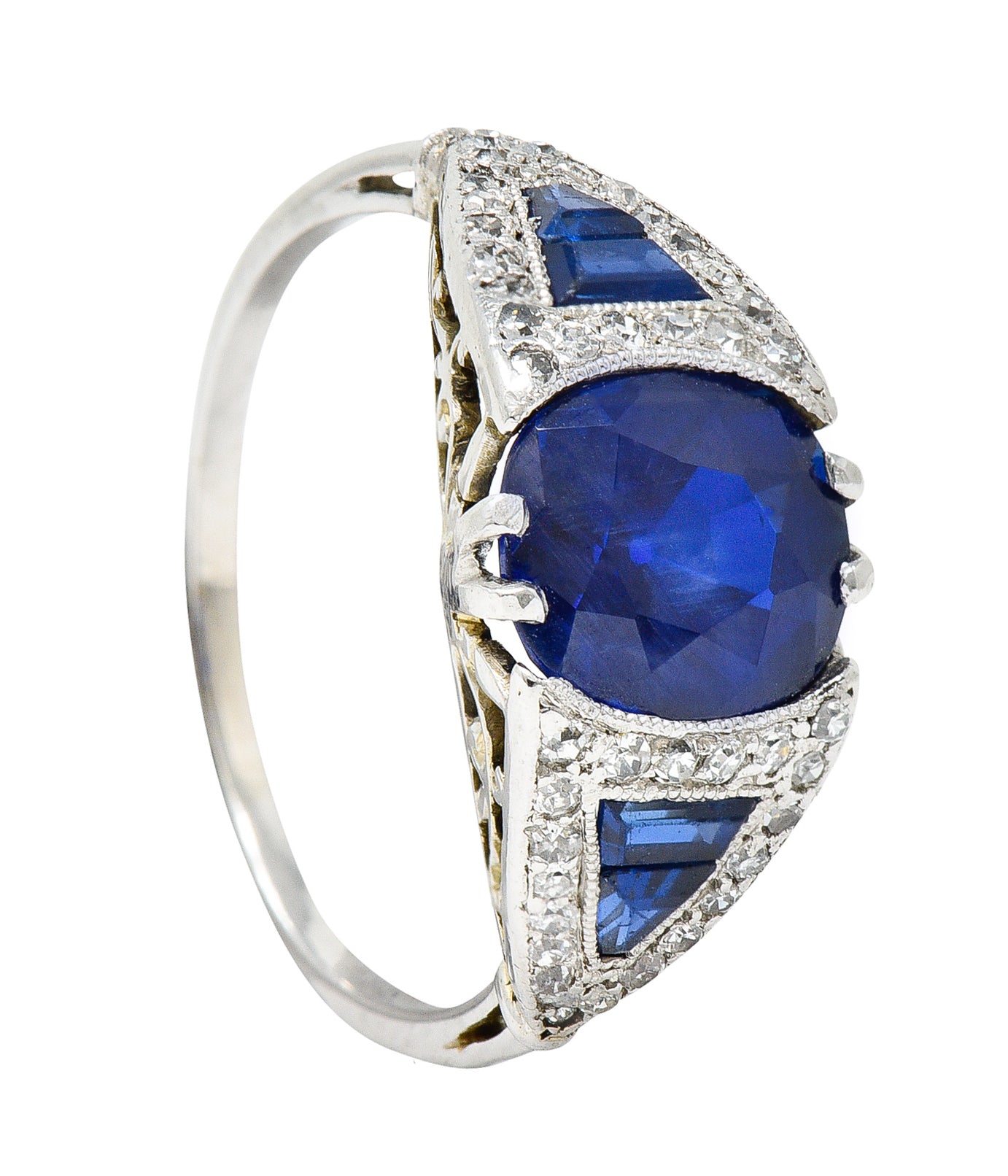 Art Deco 3.33 CTW No Heat Burma Sapphire Diamond 18 Karat White Gold Ring AGLRing - Wilson's Estate Jewelry