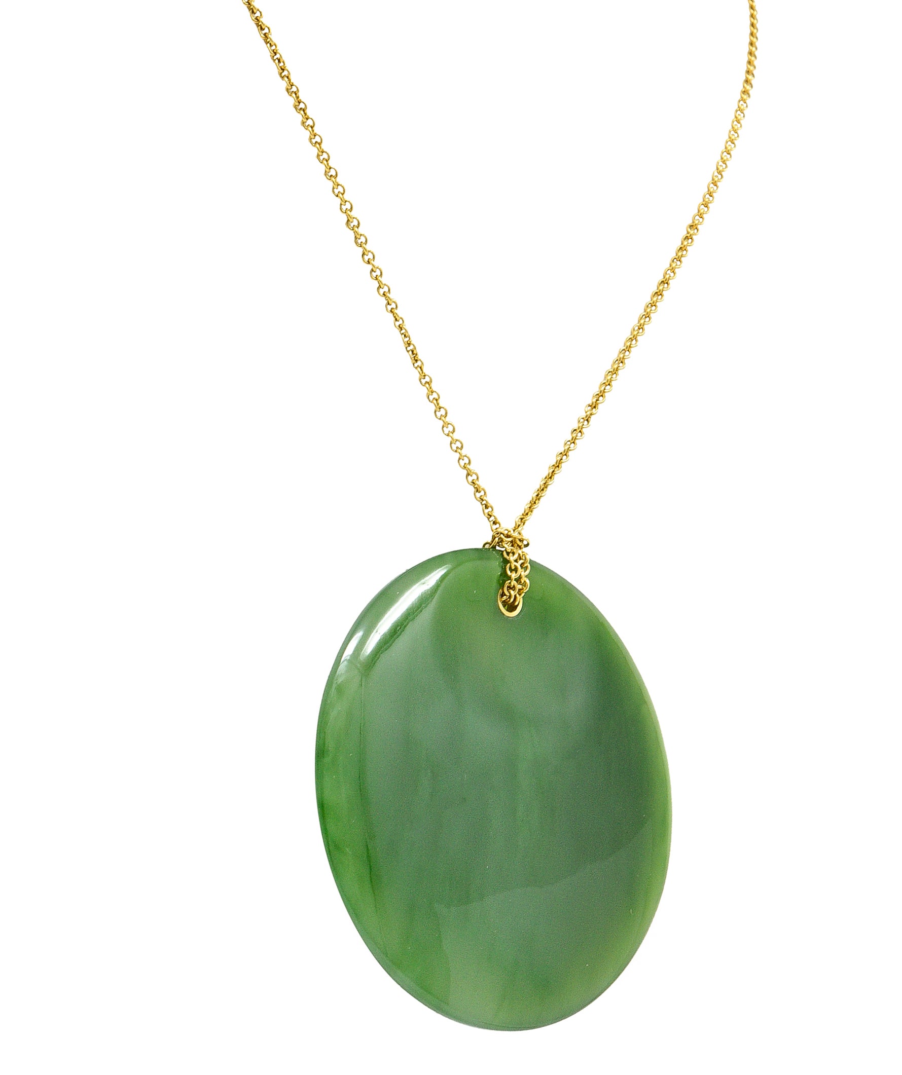 Large Elsa Peretti Tiffany & Co. Nephrite Jade 18 Karat Yellow Gold Vintage Carved Touchstone Pendant Necklace Wilson's Estate Jewelry