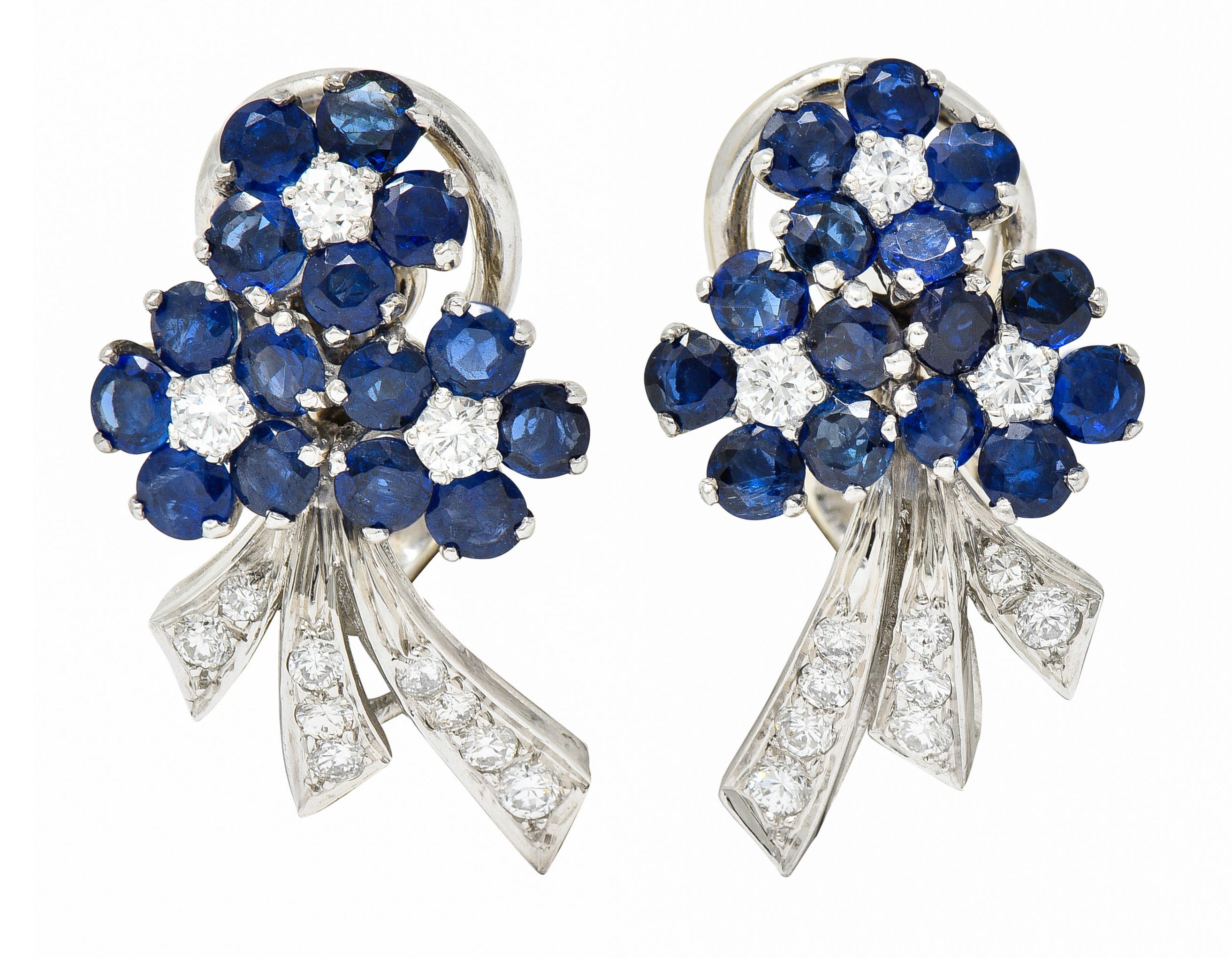 Mid-Century 4.55 CTW Sapphire Diamond Platinum Bouquet Earrings Circa 1950Earrings - Wilson's Estate Jewelry