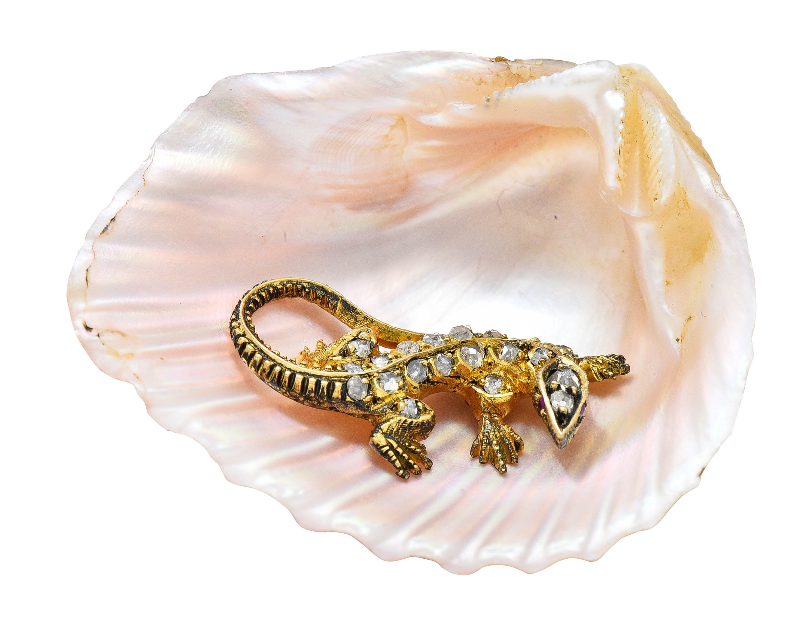 French Victorian Shell Rose Cut Diamond 18 Karat Gold Lizard BroochBrooch - Wilson's Estate Jewelry