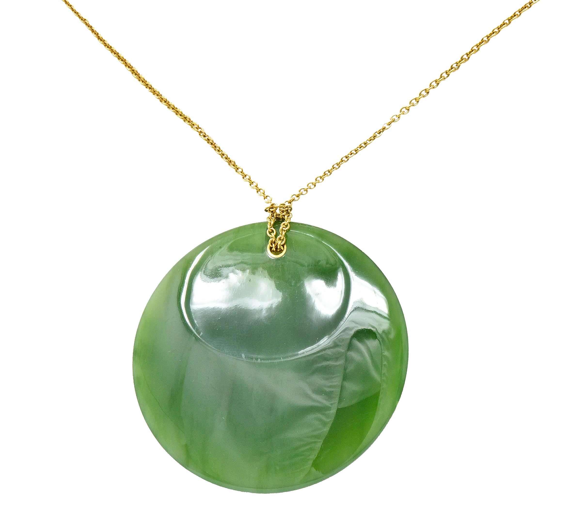 Large Elsa Peretti Tiffany & Co. Nephrite Jade 18 Karat Yellow Gold Vintage Carved Touchstone Pendant Necklace Wilson's Estate Jewelry