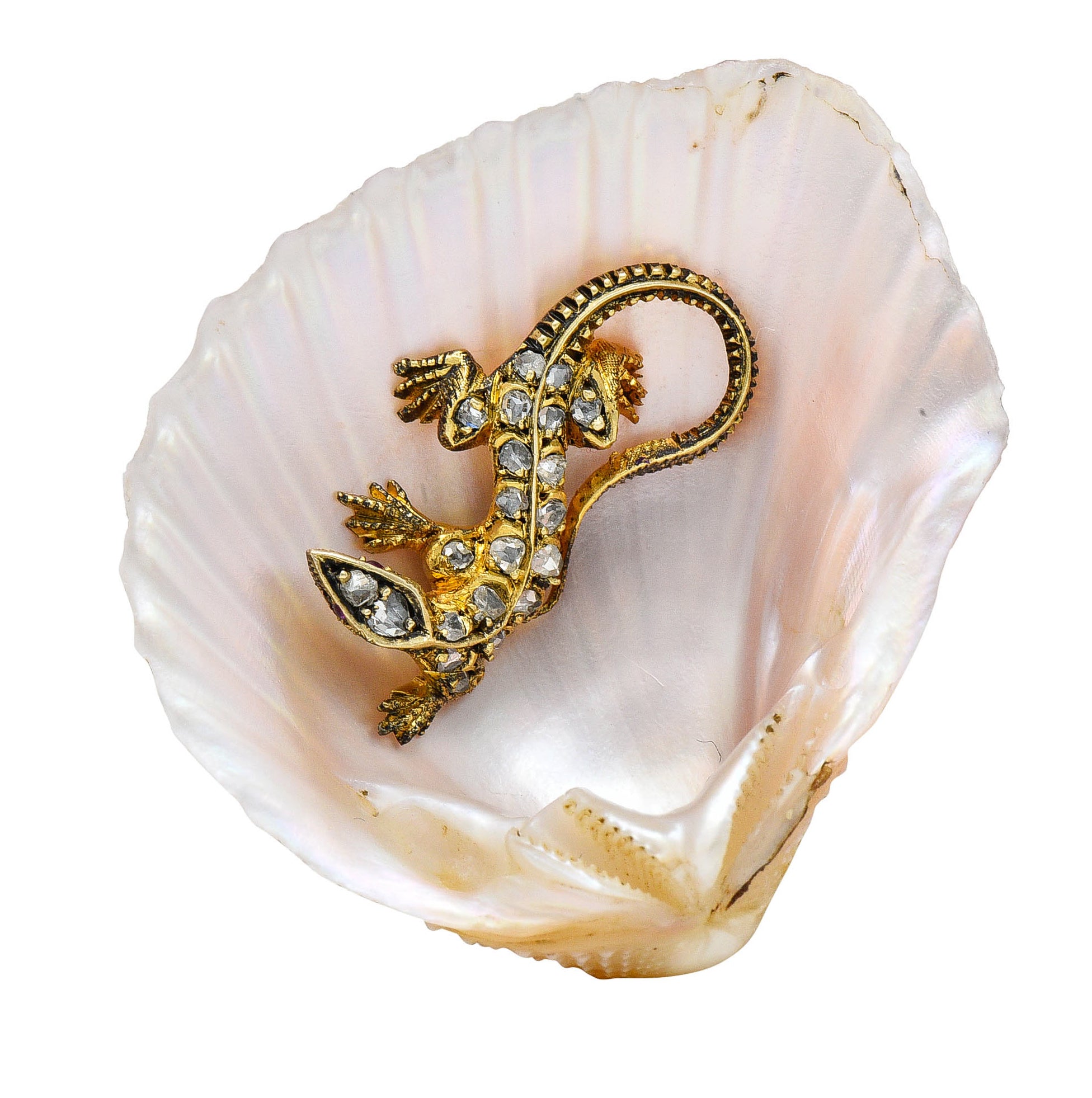 French Victorian Shell Rose Cut Diamond 18 Karat Gold Lizard BroochBrooch - Wilson's Estate Jewelry