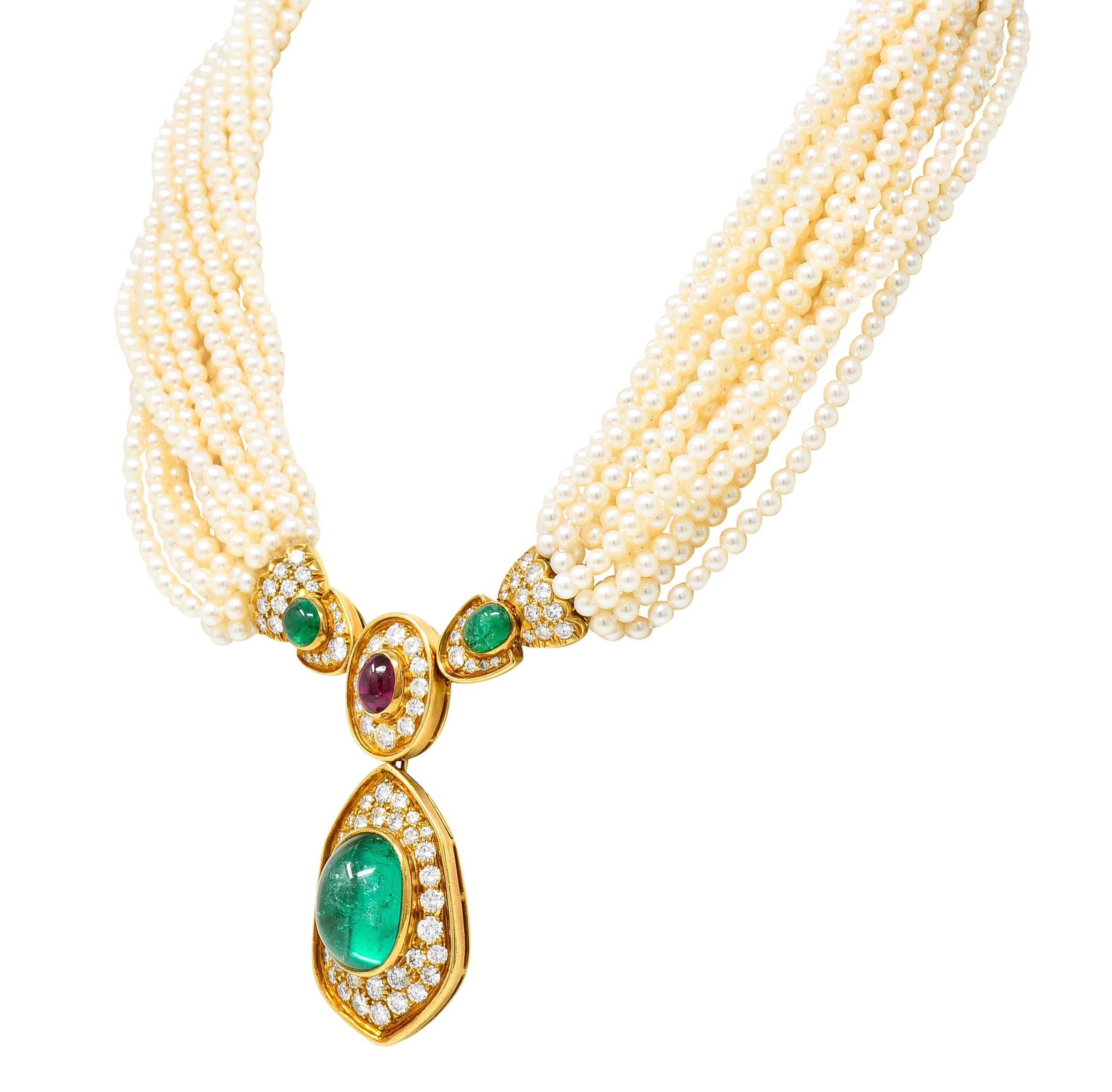 Exceptional Harry Winston Pearl 26.35 CTW Colombian Emerald Ruby Diamond 18 Karat Yellow Gold Multi-Strand Necklace AGL Wilson's Estate Jewelry