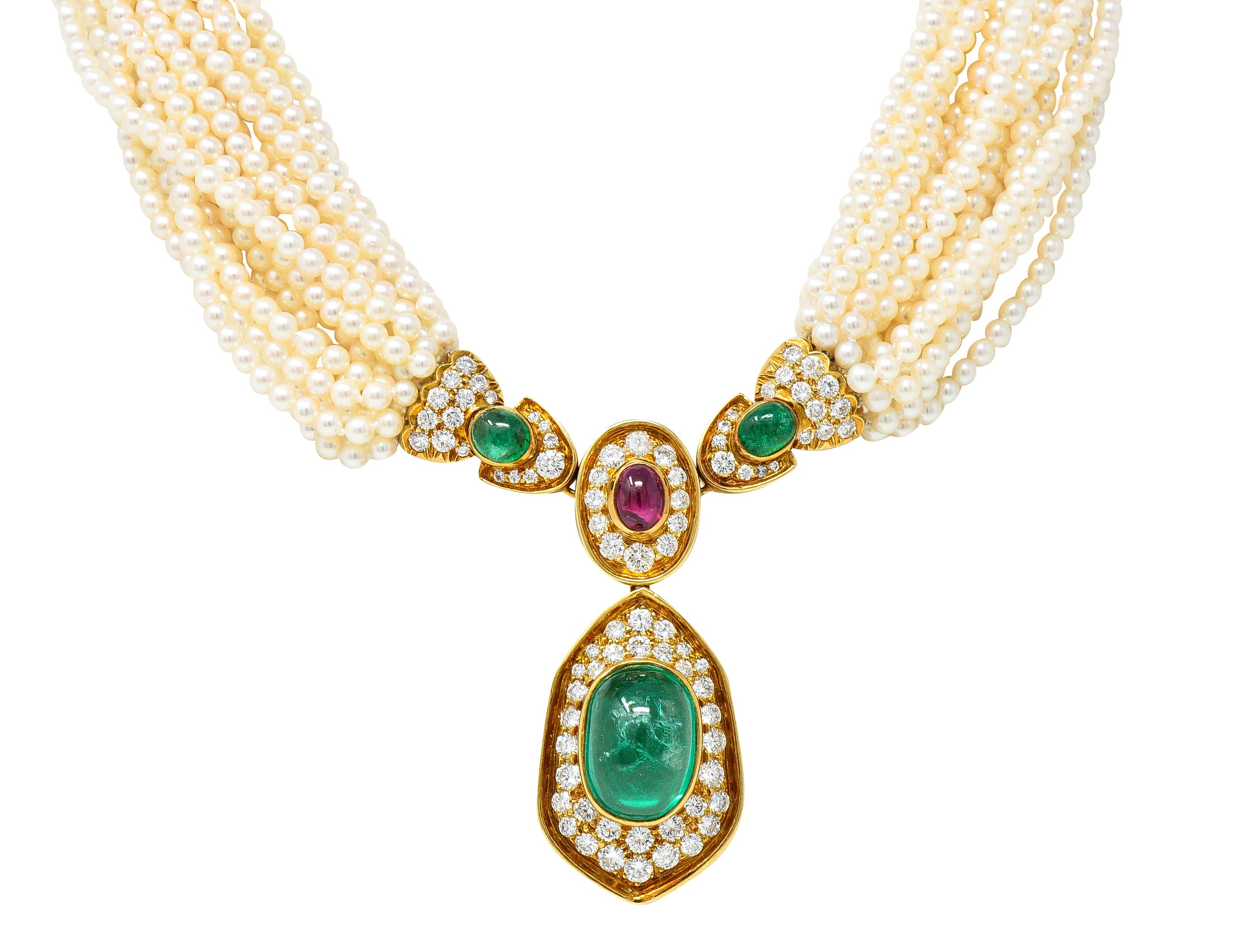 Exceptional Harry Winston Pearl 26.35 CTW Colombian Emerald Ruby Diamond 18 Karat Yellow Gold Multi-Strand Necklace AGL Wilson's Estate Jewelry