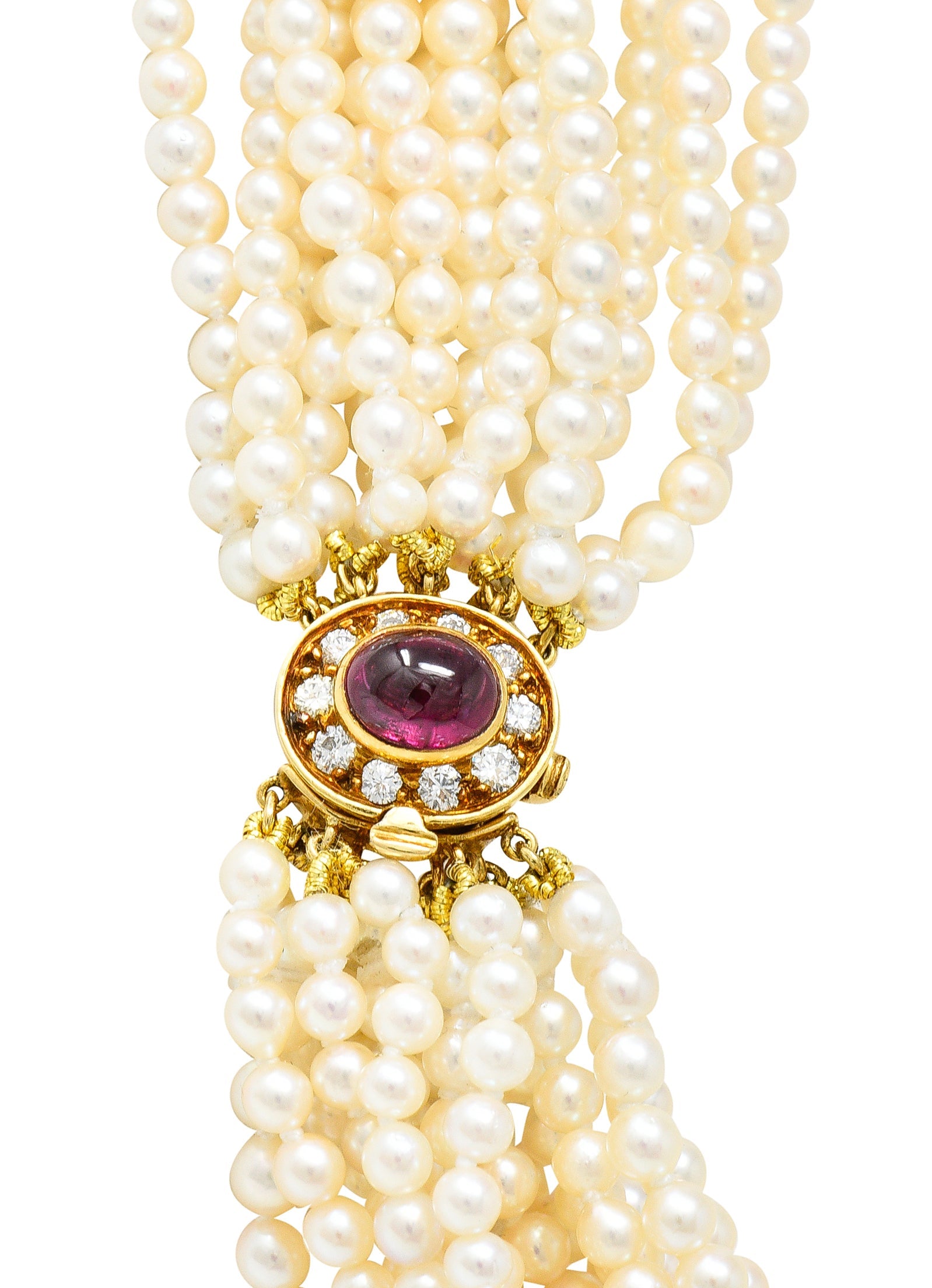 Exceptional Harry Winston Pearl 26.35 CTW Colombian Emerald Ruby Diamond 18 Karat Yellow Gold Multi-Strand Necklace AGL Wilson's Estate Jewelry