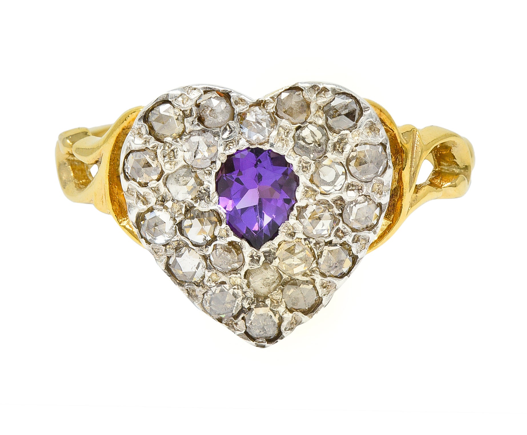 Art Nouveau 0.74 CTW Diamond Amethyst Silver 14 Karat Gold Antique Heart Ring