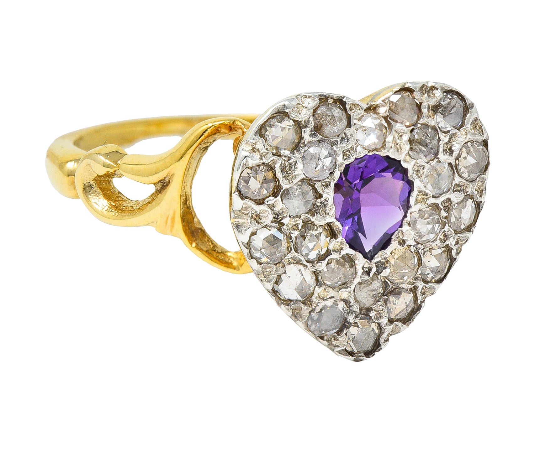 Art Nouveau 0.74 CTW Diamond Amethyst Silver 14 Karat Gold Antique Heart Ring