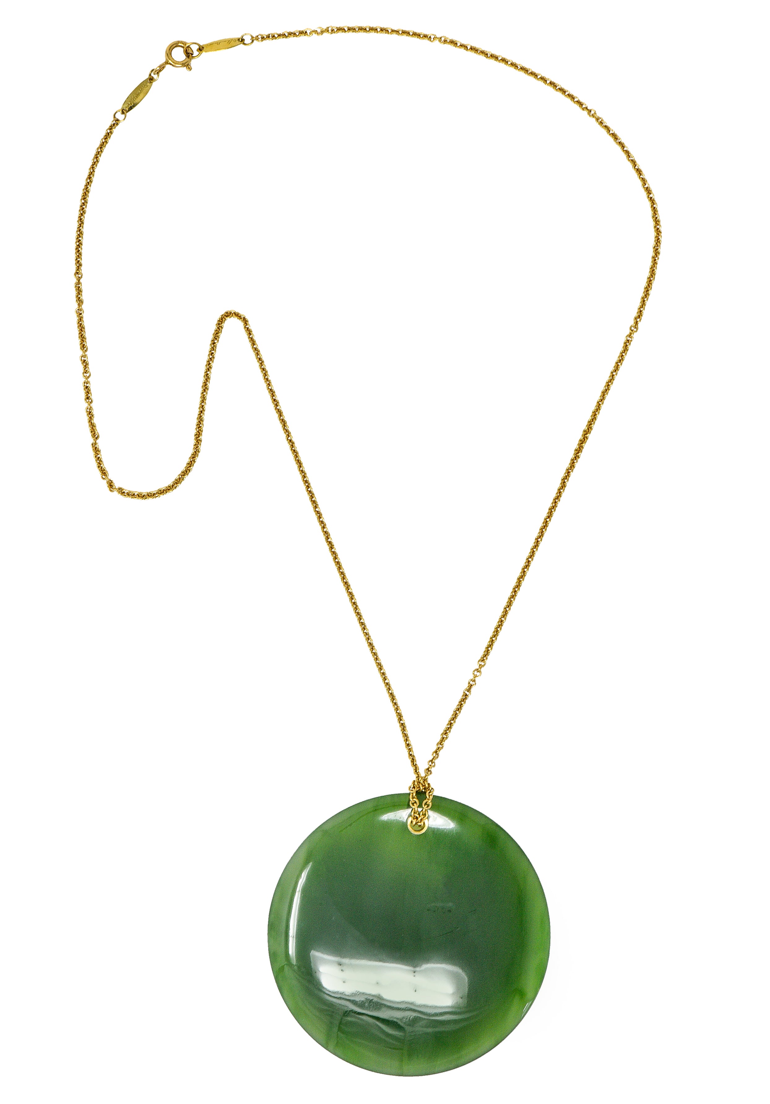 Large Elsa Peretti Tiffany & Co. Nephrite Jade 18 Karat Yellow Gold Vintage Carved Touchstone Pendant Necklace Wilson's Estate Jewelry