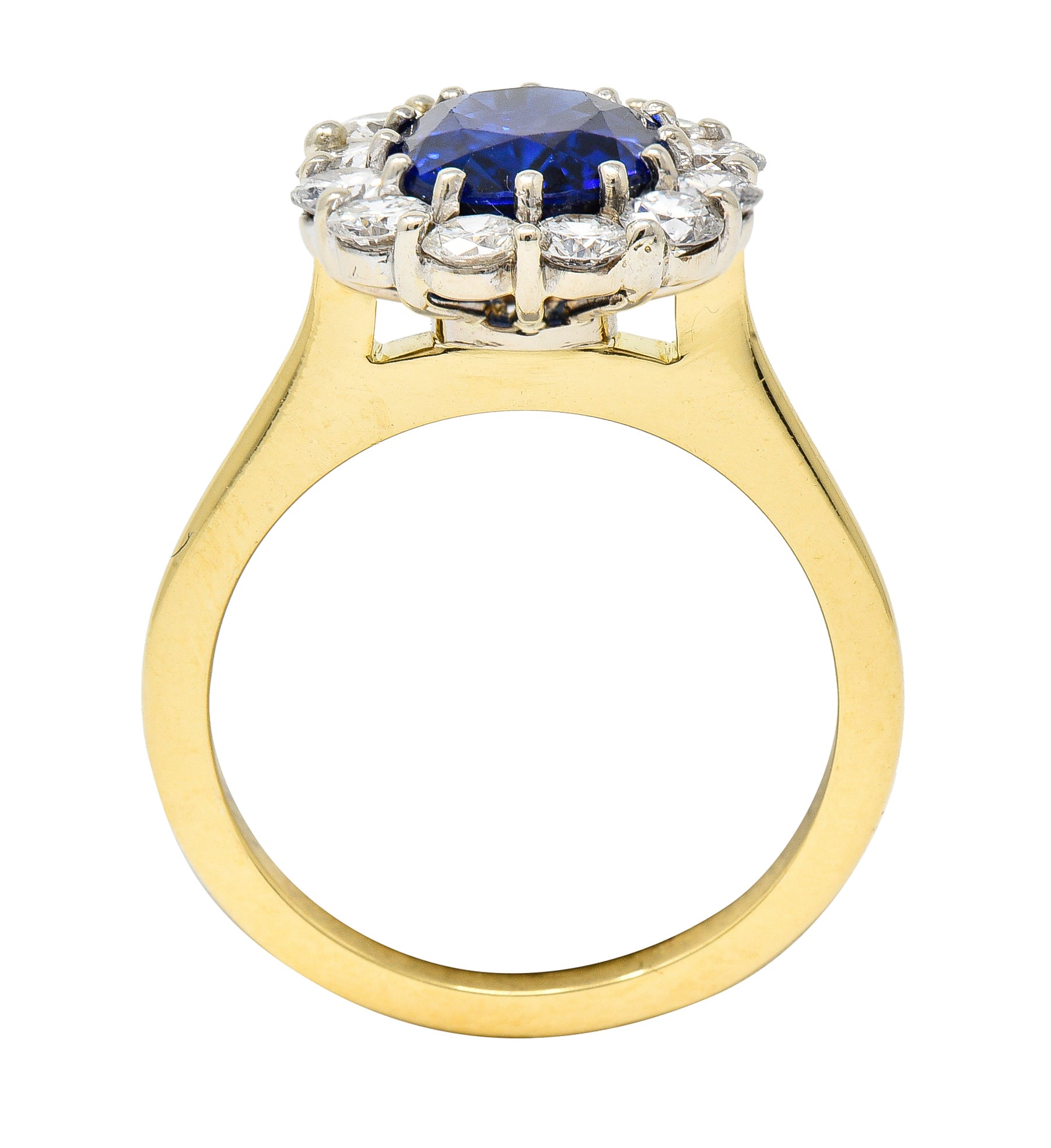 Vintage 3.25 CTW Cushion Cut Sapphire Diamond 18 Karat Two-Tone Vintage Halo Ring GIA Wilson's Estate Jewelry