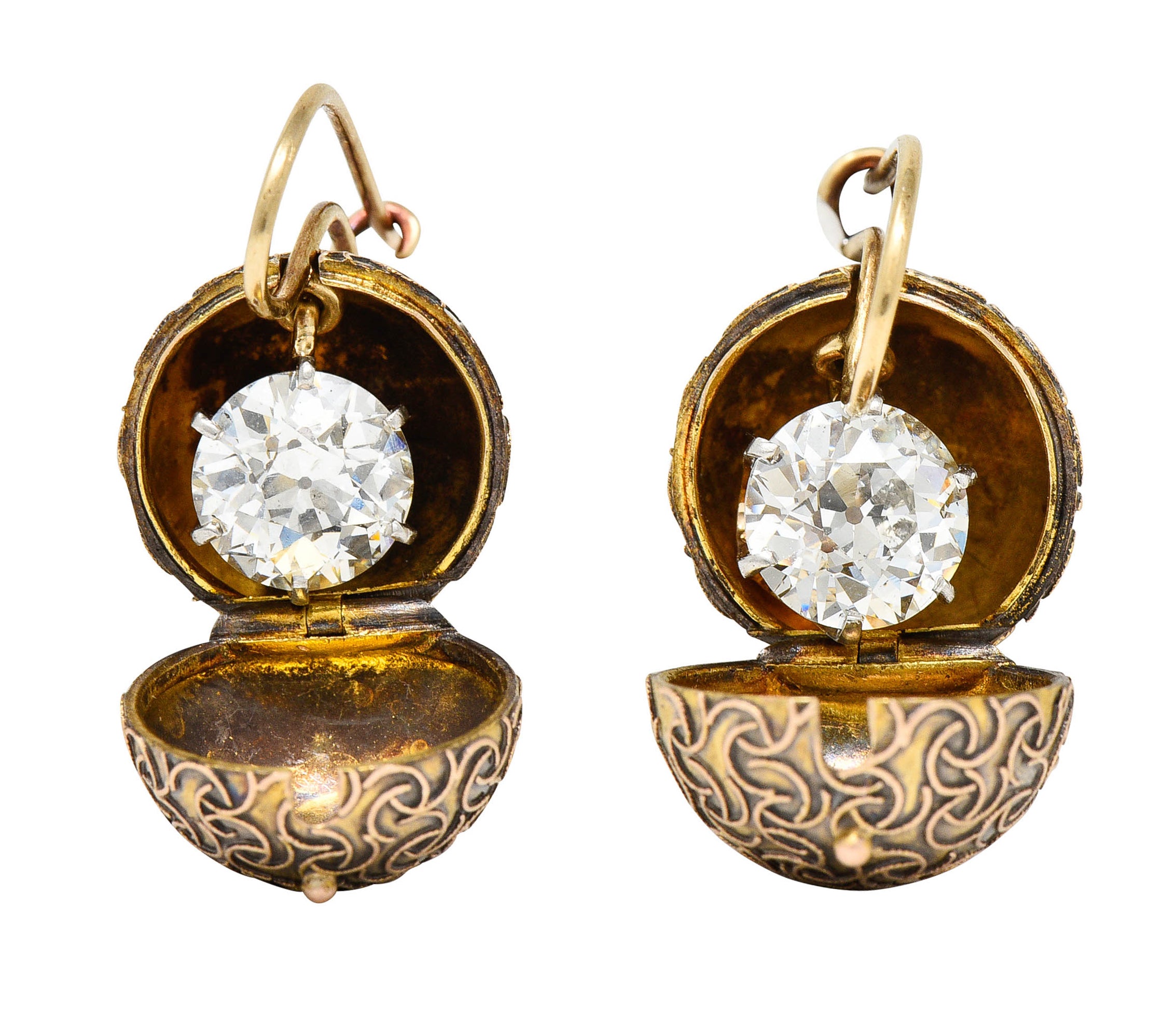 Victorian 3.18 CTW Diamond Platinum 14 Karat Gold Carriage Coach Cover Drop EarringsEarrings - Wilson's Estate Jewelry