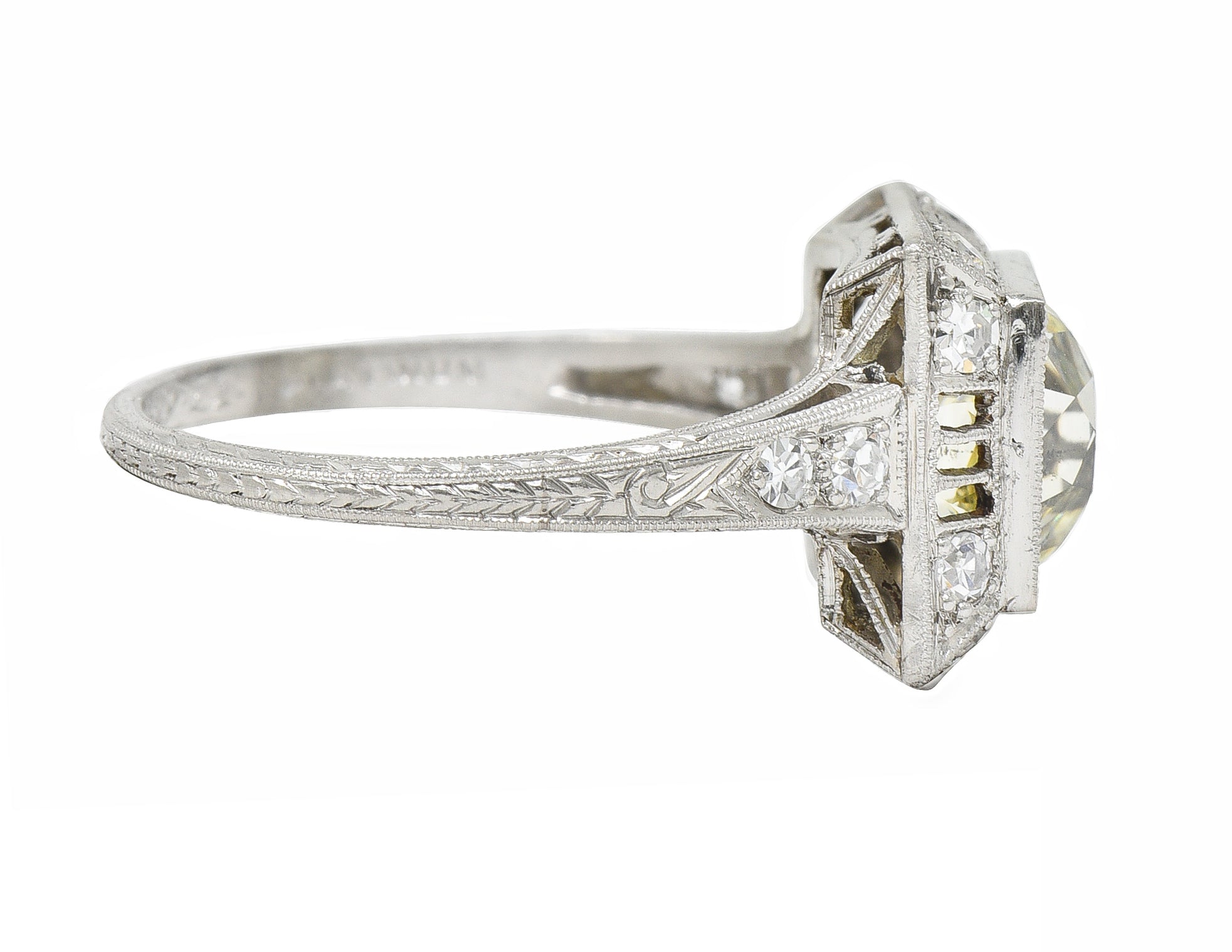 1928 Art Deco 2.37 CTW Light Yellow Diamond Platinum Vintage Pyramid Ring