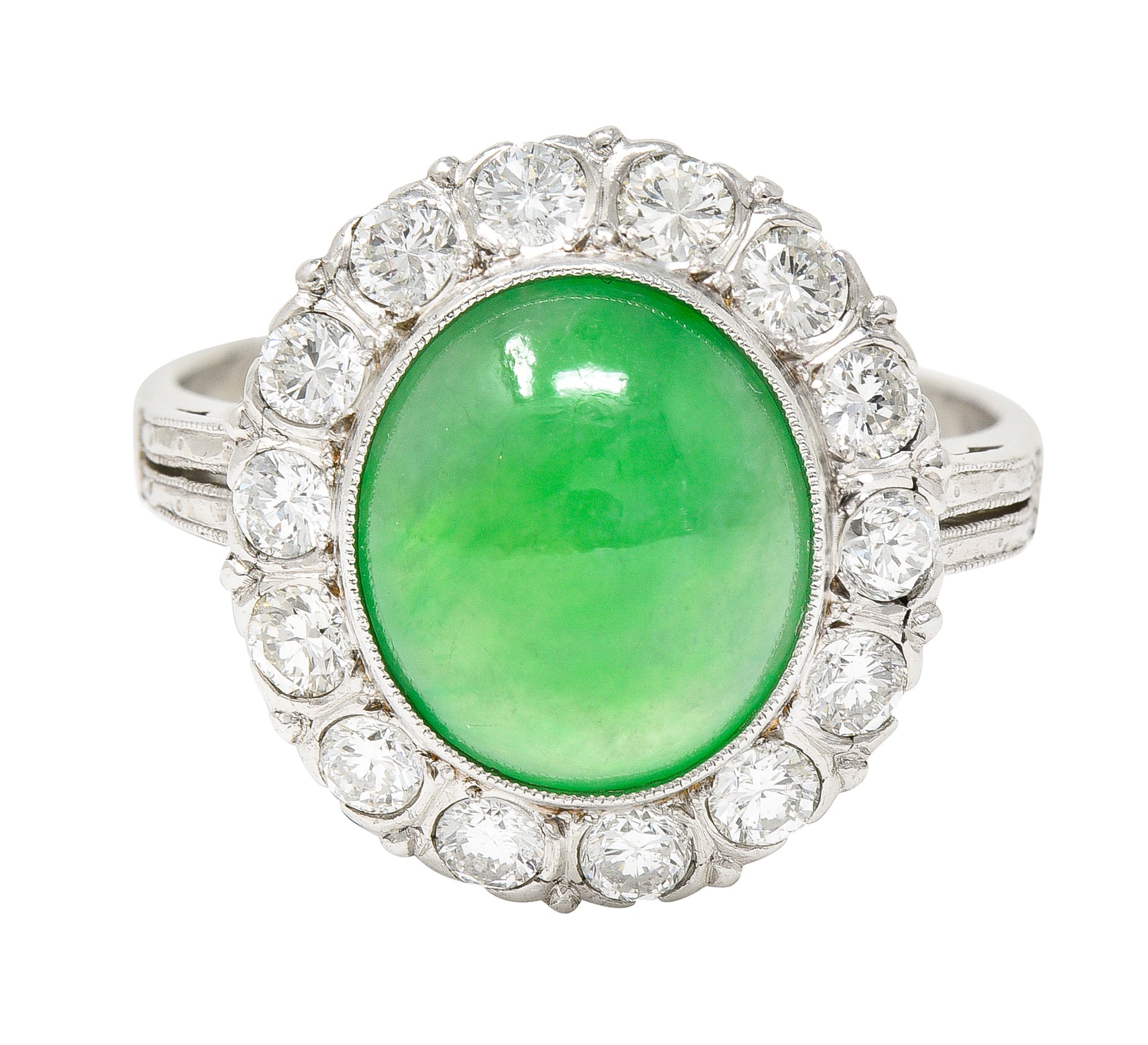 Art Deco Diamond Natural Jade Cabochon Platinum Scrolling Vintage Halo Ring GIA Wilson's Estate Jewelry