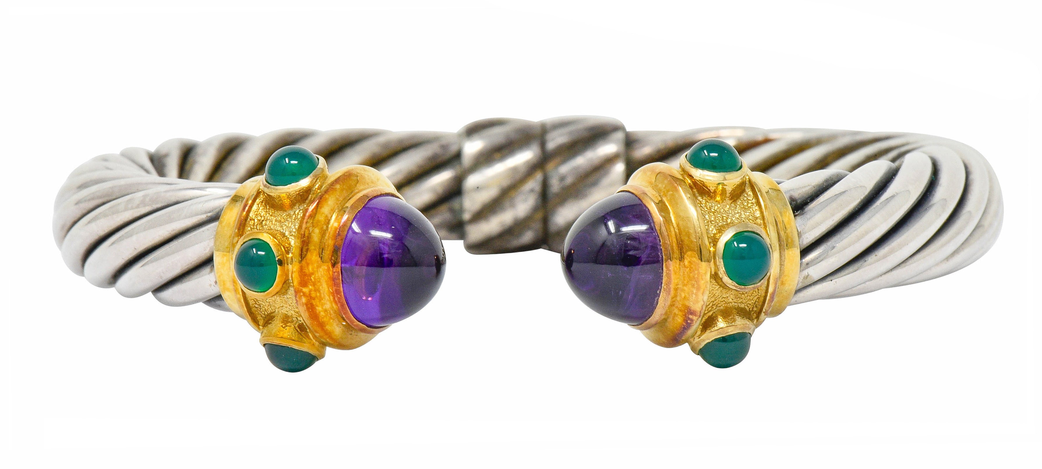 David Yurman Amethyst Chrysoprase Sterling Silver 14 Karat Gold Renaissance Cuff Bracelet - Wilson's Estate Jewelry