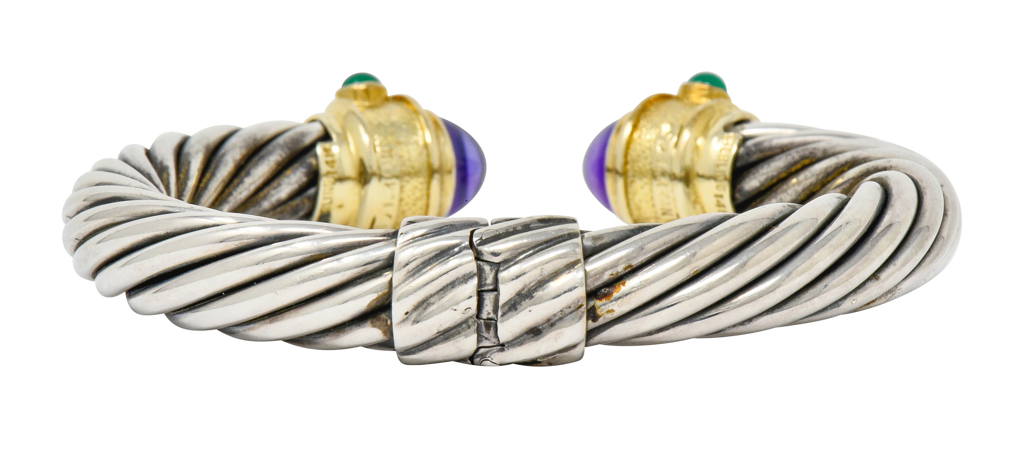 David Yurman Amethyst Chrysoprase Sterling Silver 14 Karat Gold Renaissance Cuff Bracelet - Wilson's Estate Jewelry