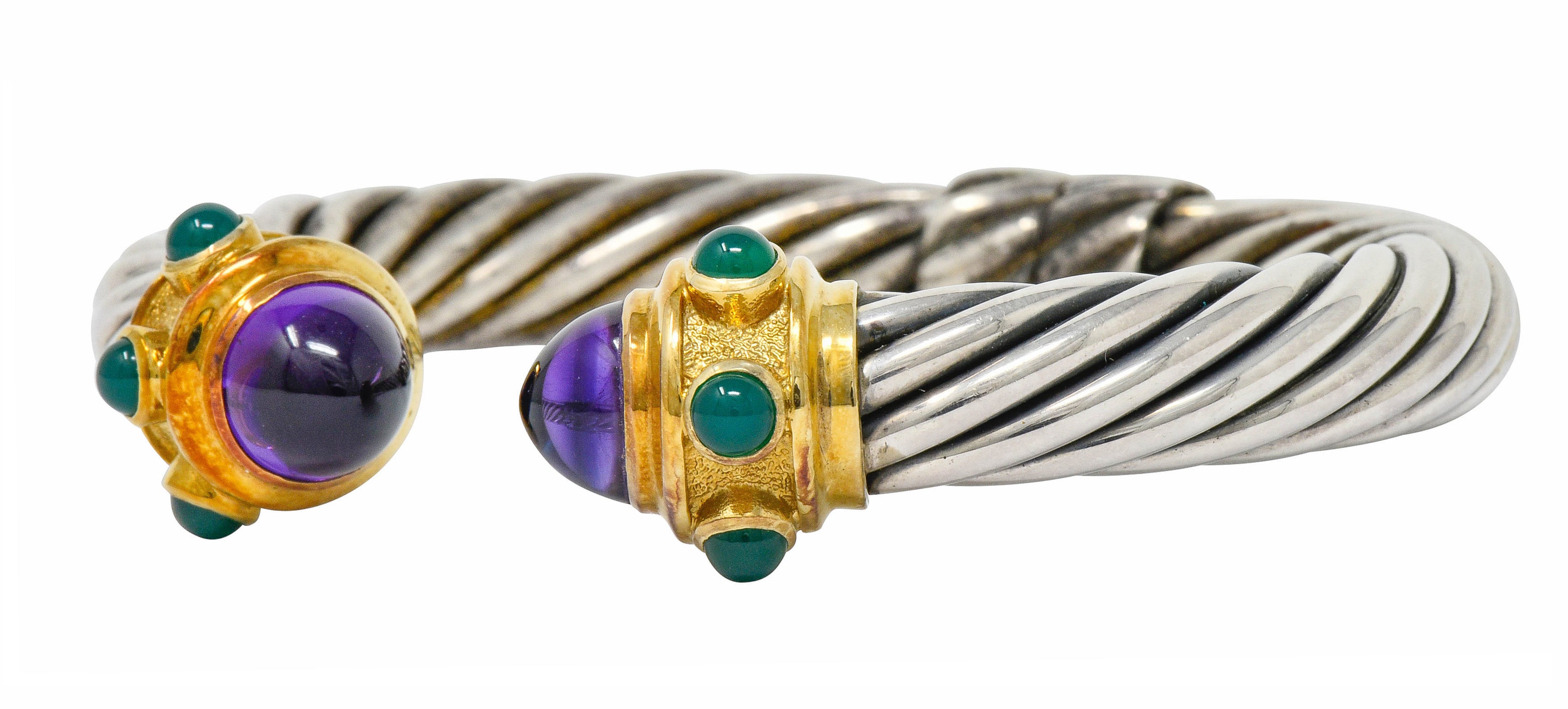 David Yurman Amethyst Chrysoprase Sterling Silver 14 Karat Gold Renaissance Cuff Bracelet - Wilson's Estate Jewelry