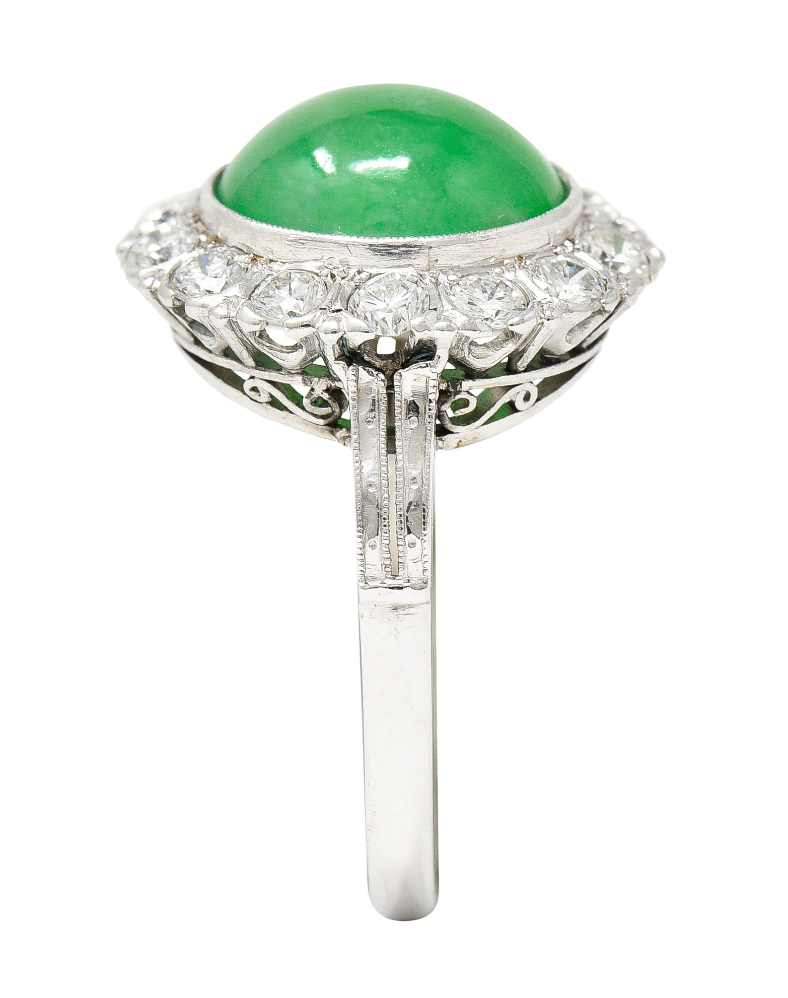 Art Deco Diamond Natural Jade Cabochon Platinum Scrolling Vintage Halo Ring GIA Wilson's Estate Jewelry