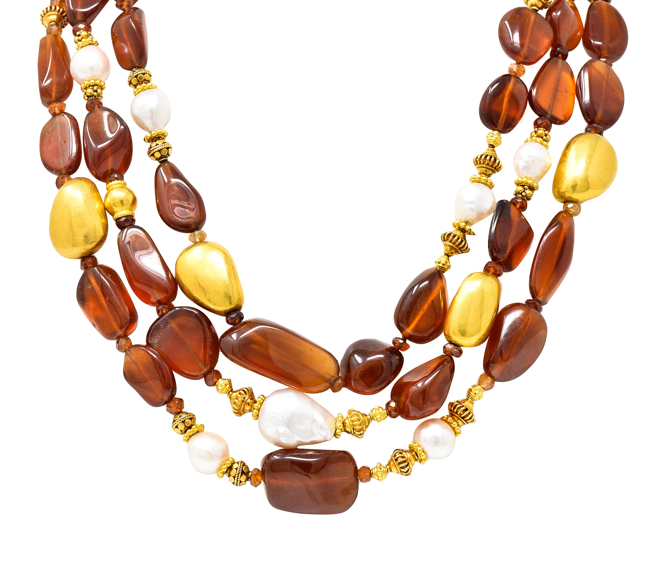 Verdura Hessonite Garnet Baroque Pearl 18 Karat Yellow Gold Vintage Byzantine Bead Necklace Wilson's Estate Jewelry