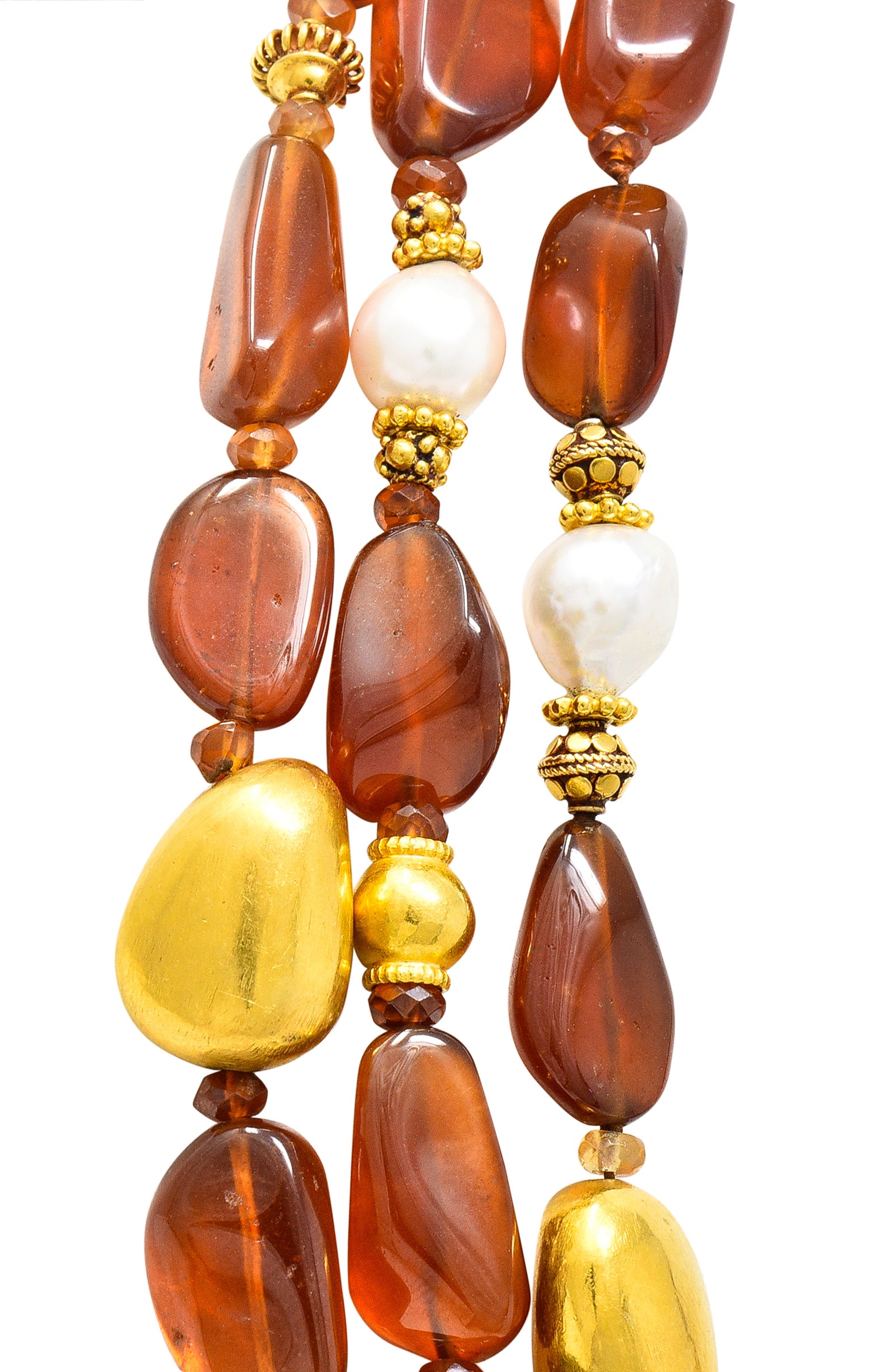 Verdura Hessonite Garnet Baroque Pearl 18 Karat Yellow Gold Vintage Byzantine Bead Necklace Wilson's Estate Jewelry