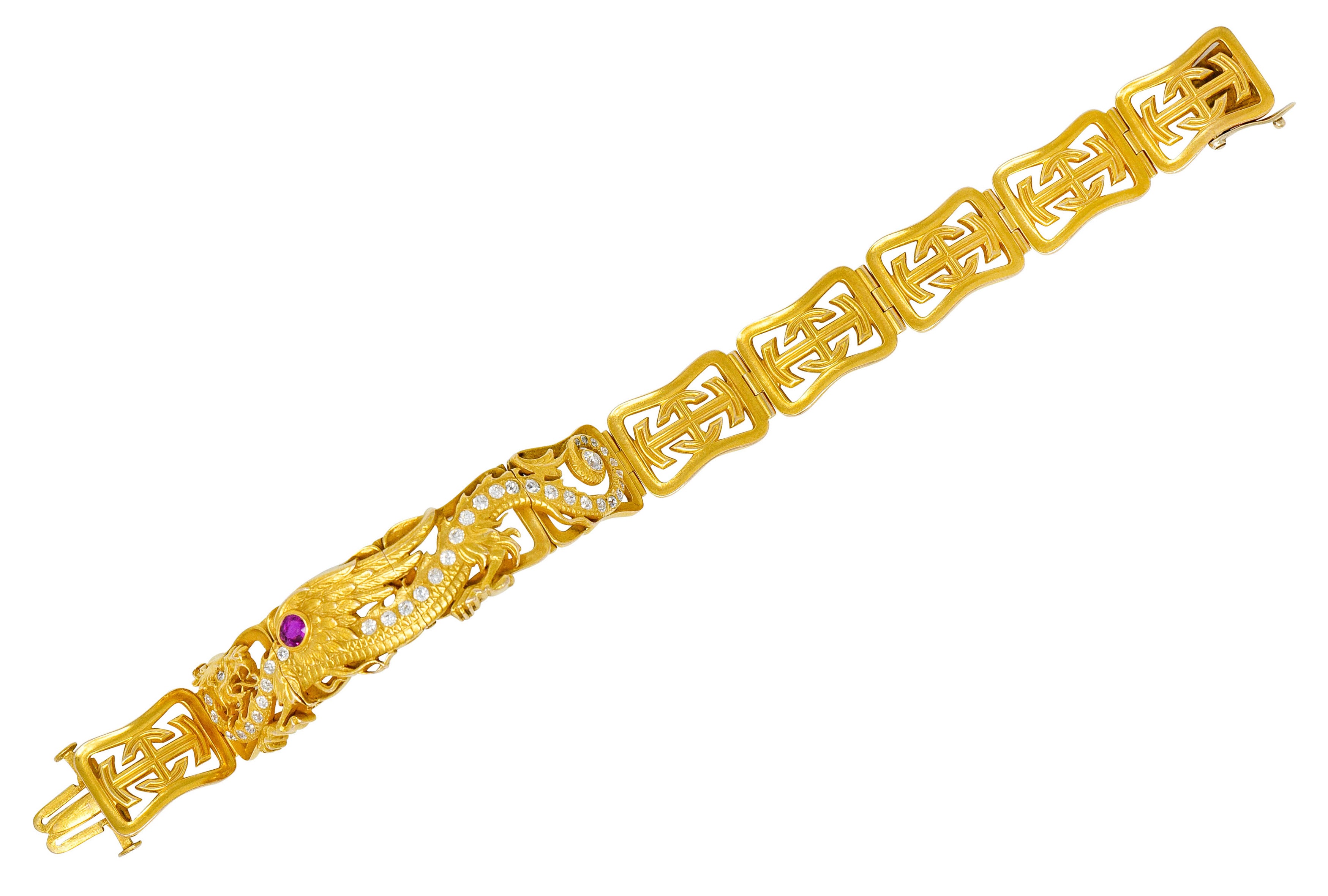 Riker Brothers. Art Nouveau Ruby Diamond 14 Karat Gold Serpent Dragon Bracelet - Wilson's Estate Jewelry