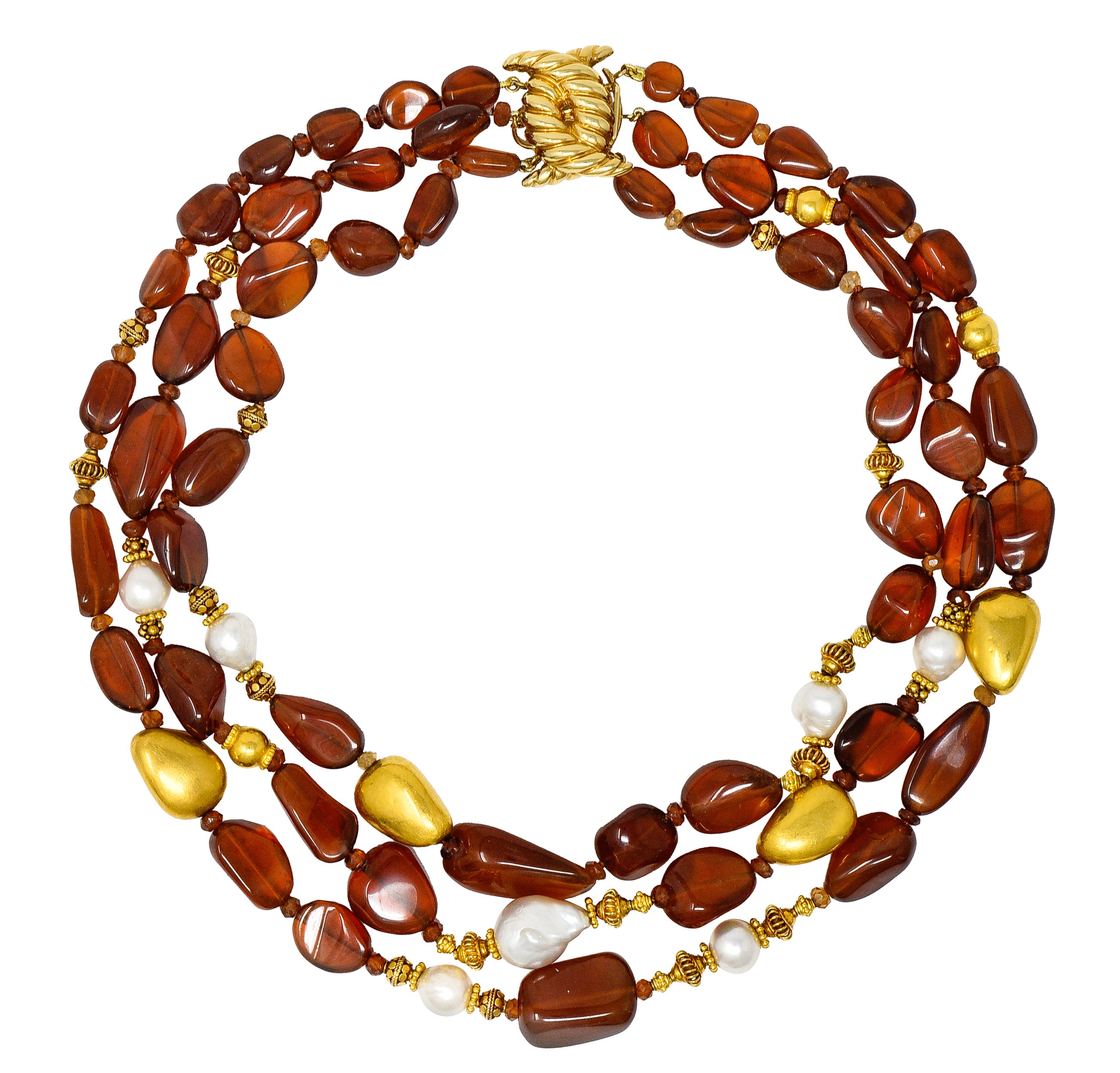 Verdura Hessonite Garnet Baroque Pearl 18 Karat Yellow Gold Vintage Byzantine Bead Necklace Wilson's Estate Jewelry