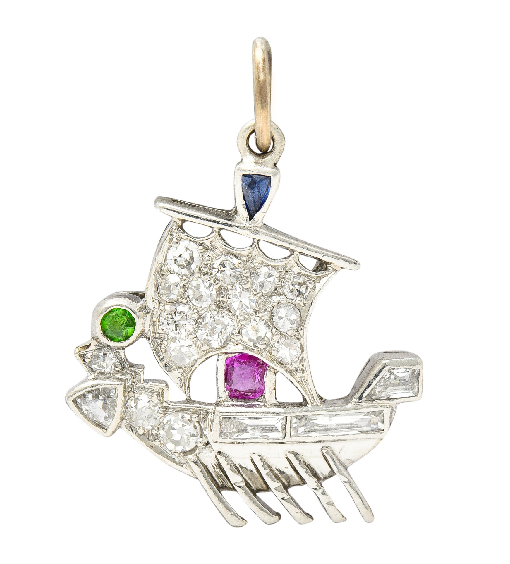 Art Deco Sapphire Ruby Demantoid Garnet Diamond Platinum Viking Ship Charm Wilson's Estate Jewelry