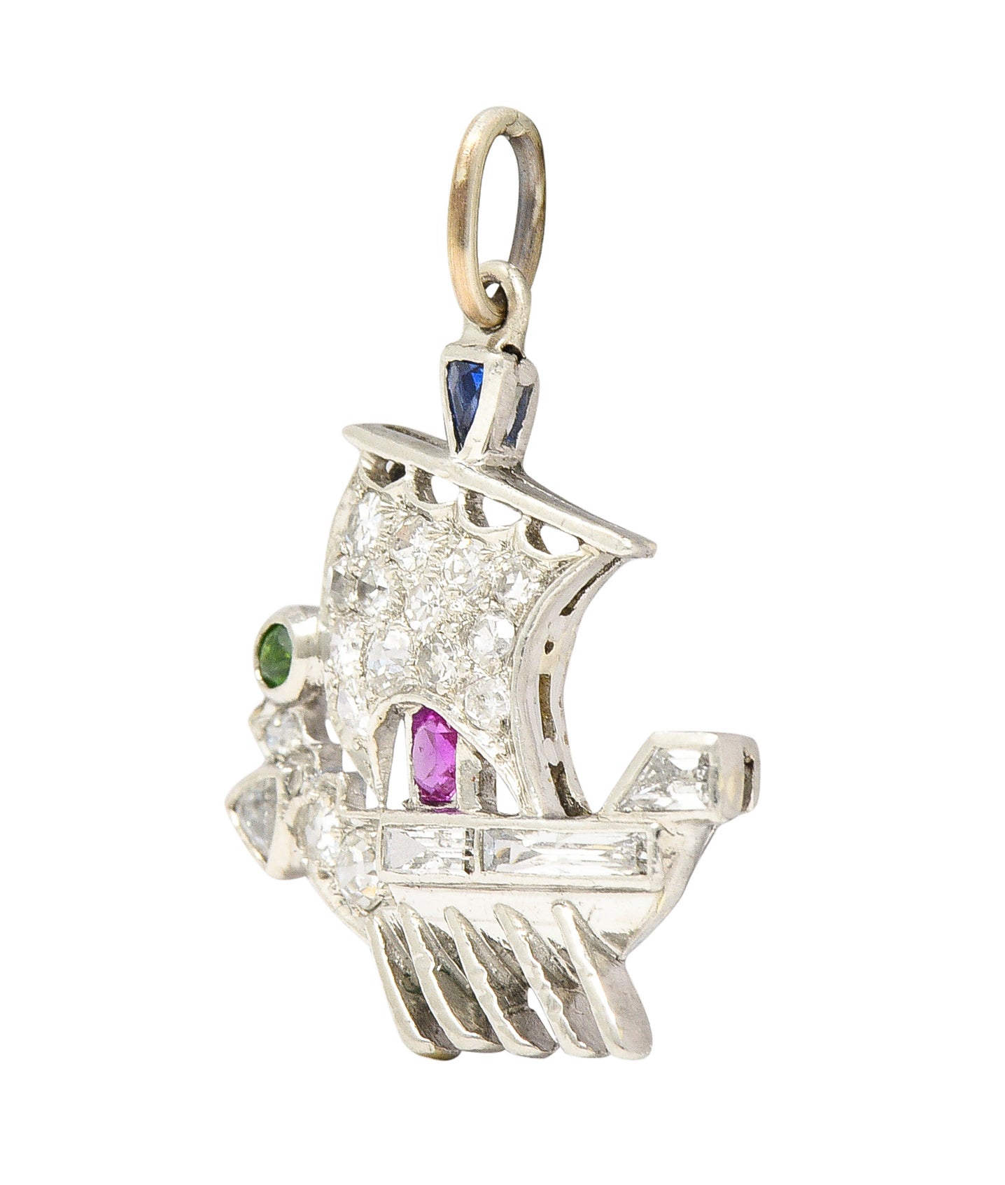 Art Deco Sapphire Ruby Demantoid Garnet Diamond Platinum Viking Ship Charm Wilson's Estate Jewelry