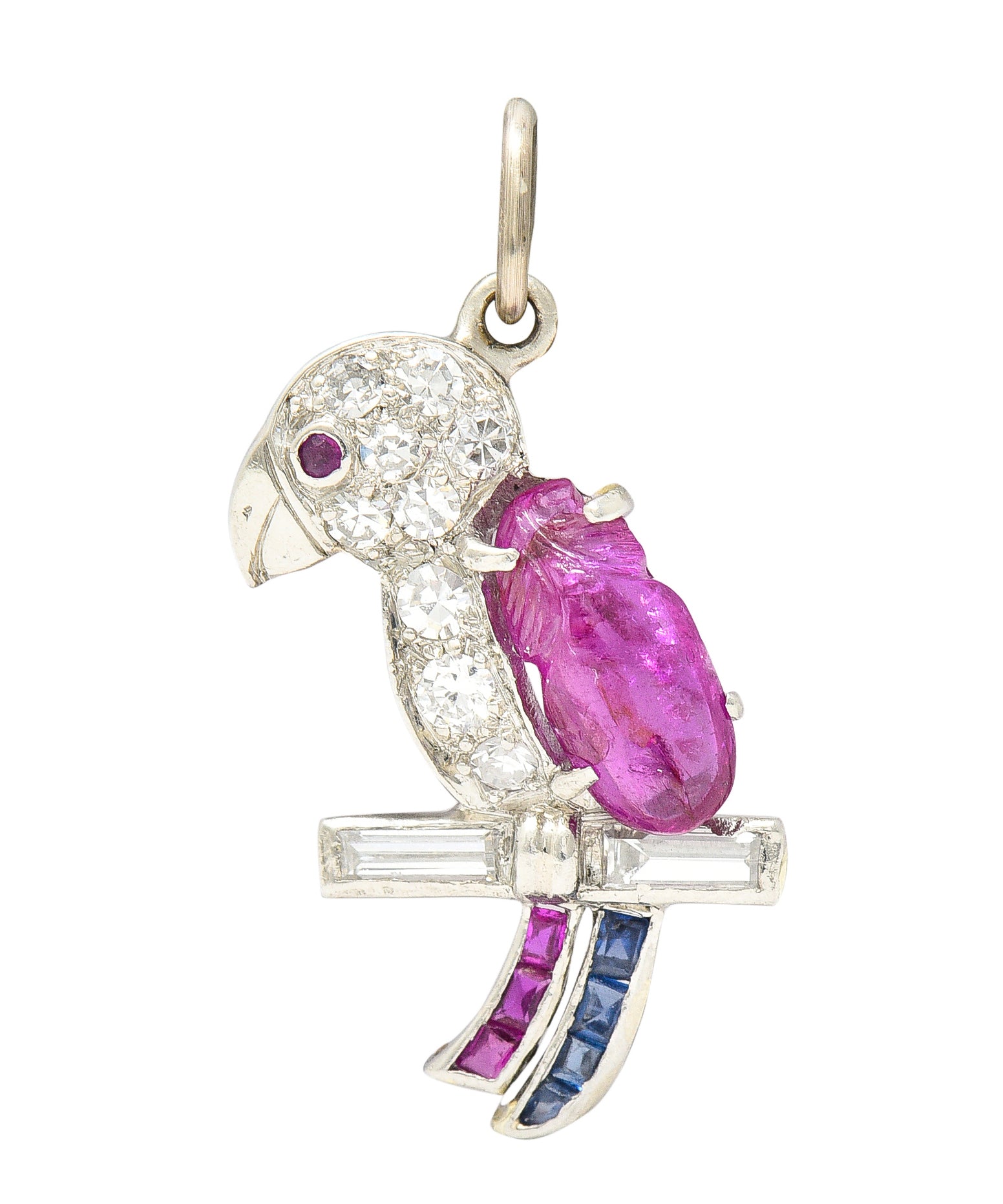 Art Deco Sapphire Ruby Diamond Platinum Parrot Bird Charm Wilson's Estate Jewelry