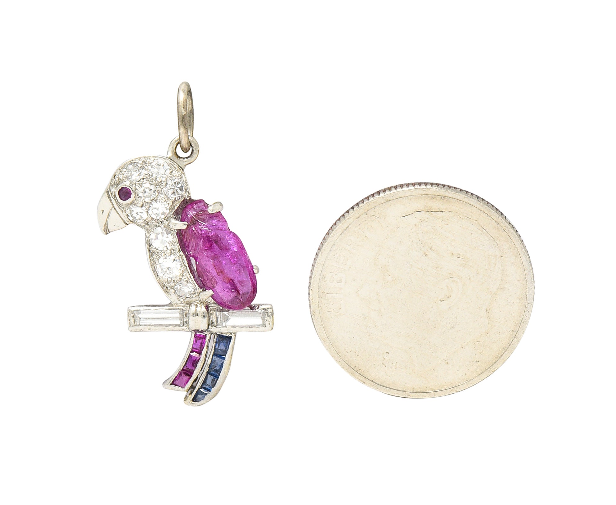 Art Deco Sapphire Ruby Diamond Platinum Parrot Bird Charm Wilson's Estate Jewelry