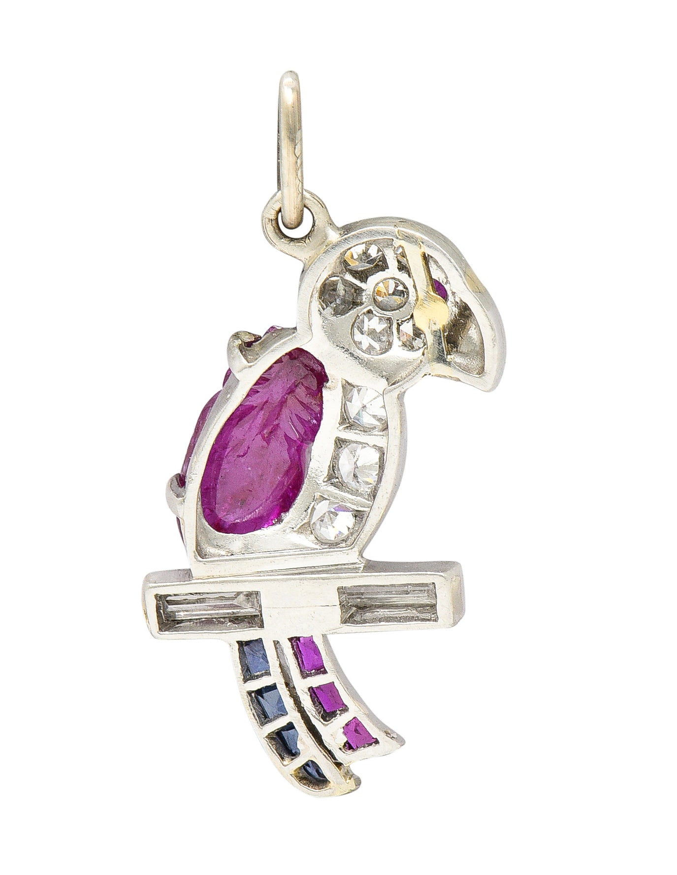 Art Deco Sapphire Ruby Diamond Platinum Parrot Bird Charm Wilson's Estate Jewelry