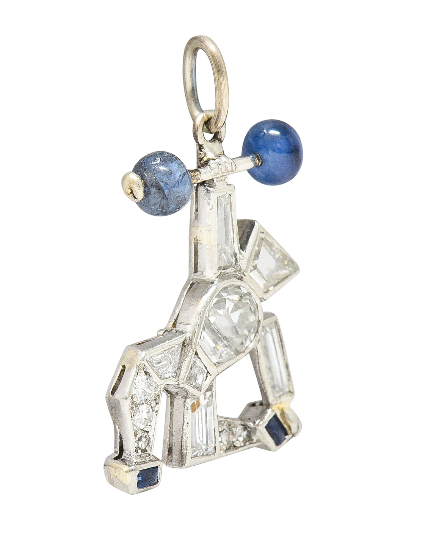 Art Deco 2.00 CTW Sapphire Diamond Platinum Strongman Weightlifter Charm Wilson's Estate Jewelry