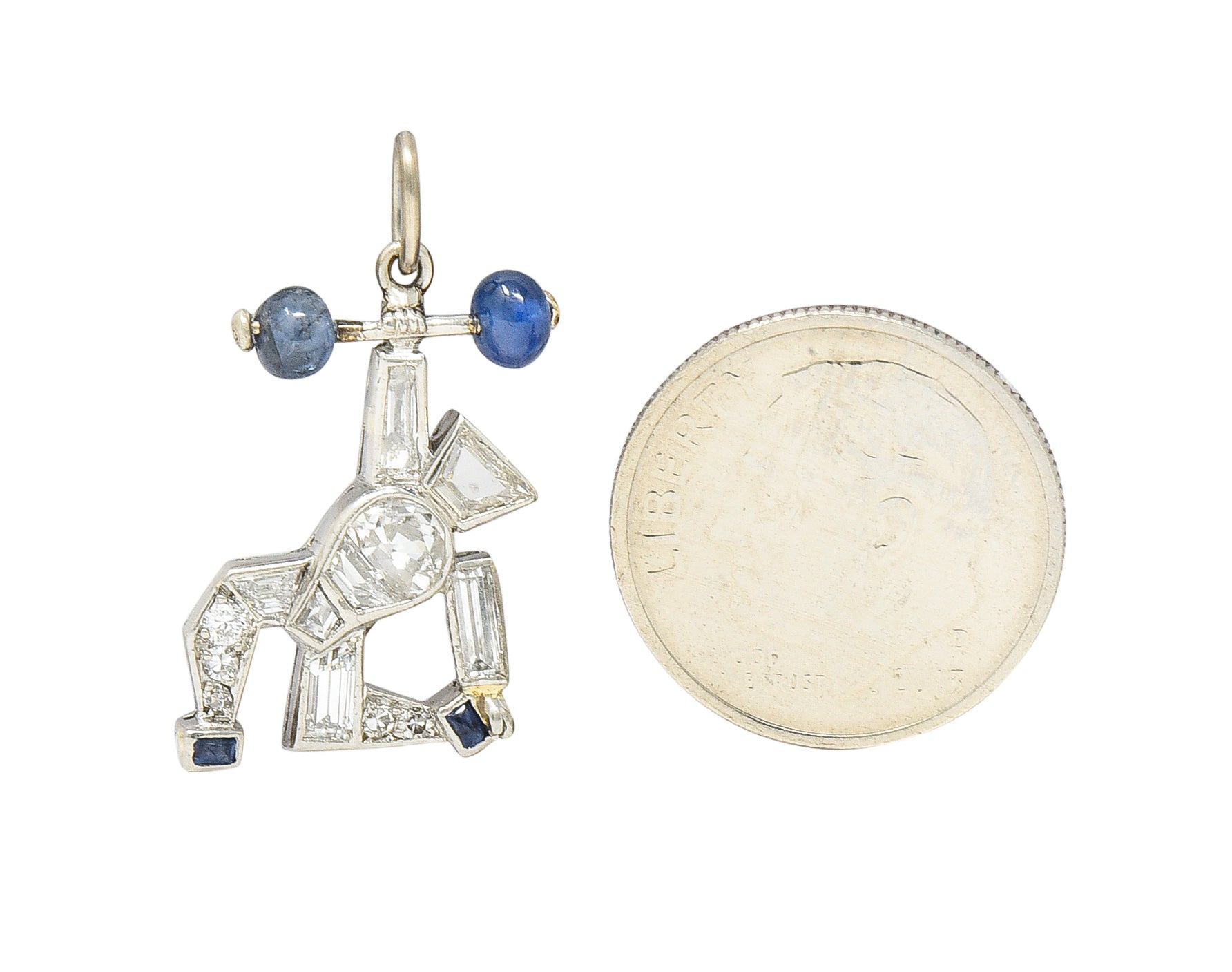 Art Deco 2.00 CTW Sapphire Diamond Platinum Strongman Weightlifter Charm Wilson's Estate Jewelry