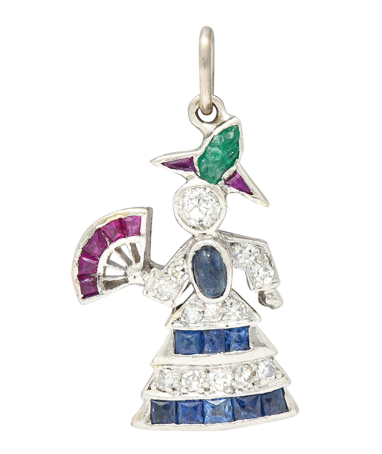 Art Deco Diamond Emerald Sapphire Ruby Platinum Flamenco Dancer Charm Wilson's Estate Jewelry