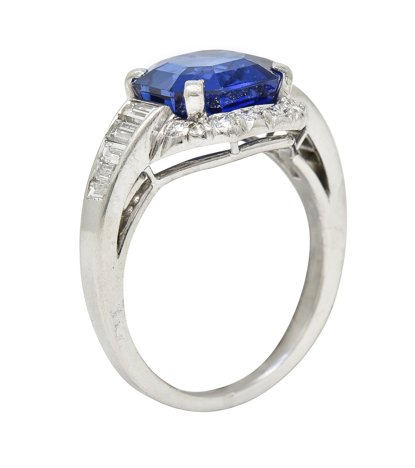 Mid-Century 3.97 CTW No Heat Burma Sapphire Diamond Platinum Cluster Ring AGL