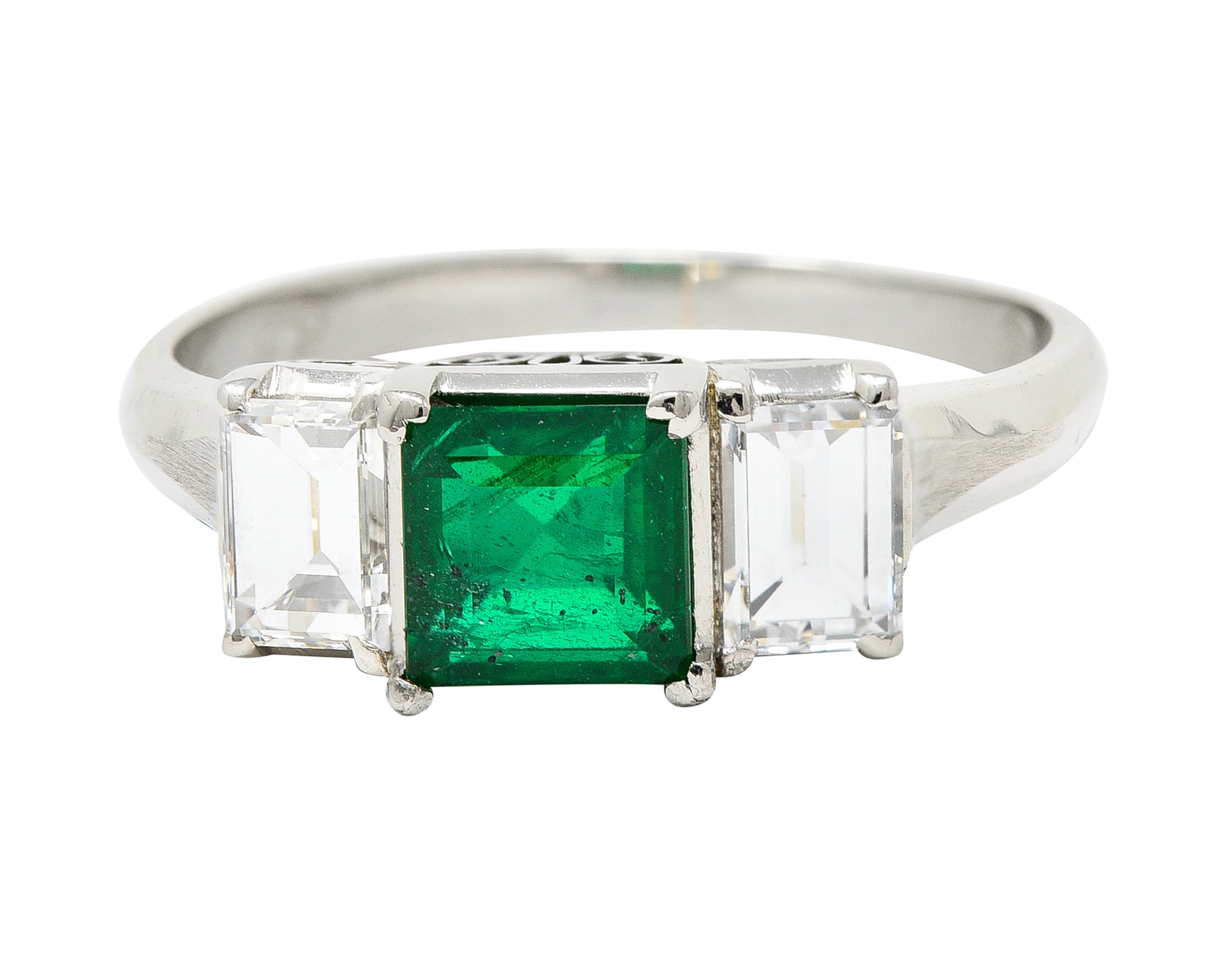 Contemporary 1.44 CTW Emerald Diamond Platinum Three Stone RingRing - Wilson's Estate Jewelry