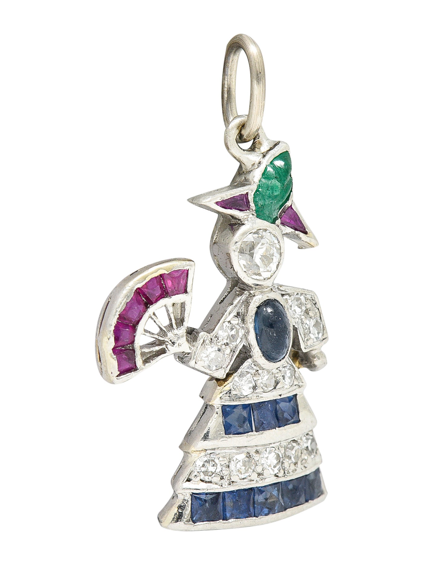 Art Deco Diamond Emerald Sapphire Ruby Platinum Flamenco Dancer Charm Wilson's Estate Jewelry