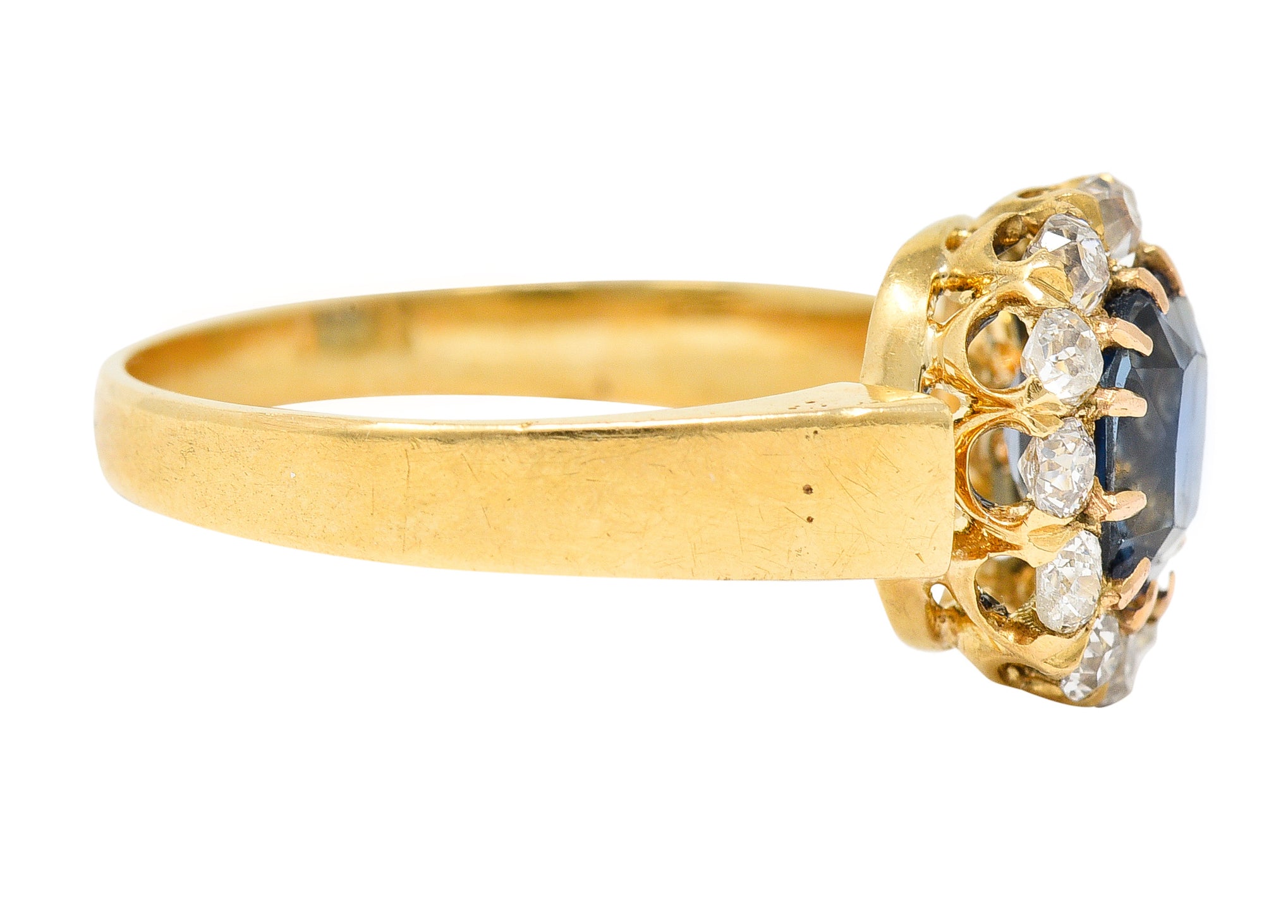 Victorian 1.80 CTW Cushion Cut No Heat Cambodian Sapphire Old Mine Cut Diamond 14 Karat Yellow Gold Antique Halo Ring GIA Wilson's Estate Jewelry