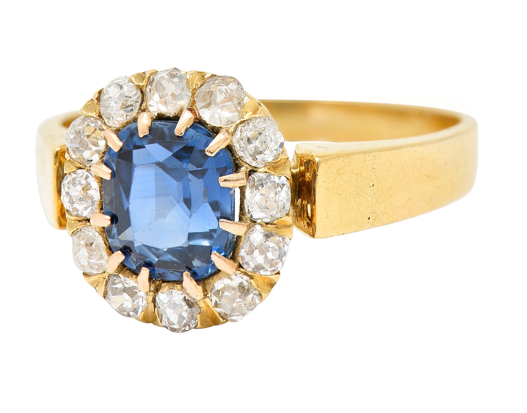 Victorian 1.80 CTW Cushion Cut No Heat Cambodian Sapphire Old Mine Cut Diamond 14 Karat Yellow Gold Antique Halo Ring GIA Wilson's Estate Jewelry