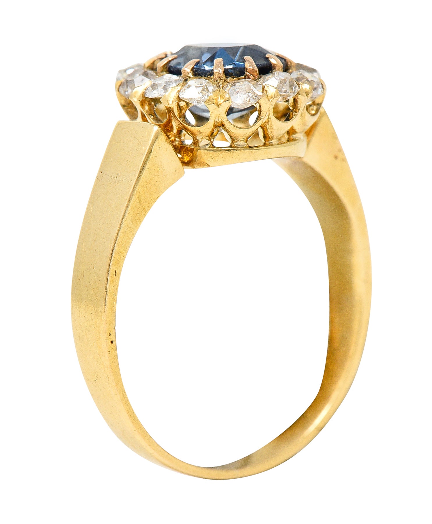 Victorian 1.80 CTW Cushion Cut No Heat Cambodian Sapphire Old Mine Cut Diamond 14 Karat Yellow Gold Antique Halo Ring GIA Wilson's Estate Jewelry